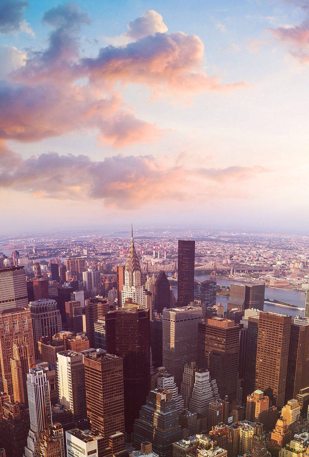 New York City skyline, sunset, pink clouds, HD Phone Wallpaper