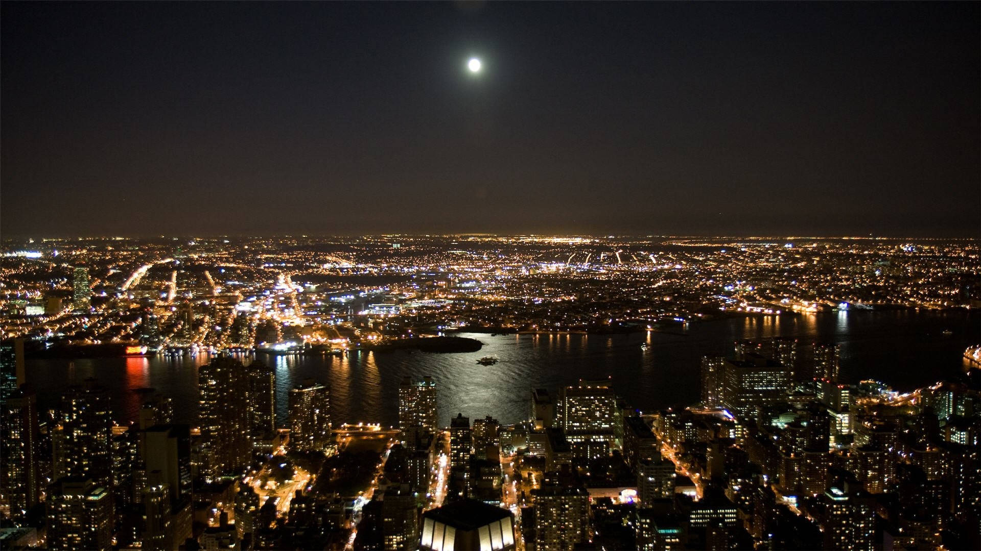 New York City Night, full moon, nighttime aerial view, Full HD Desktop Wallpaper