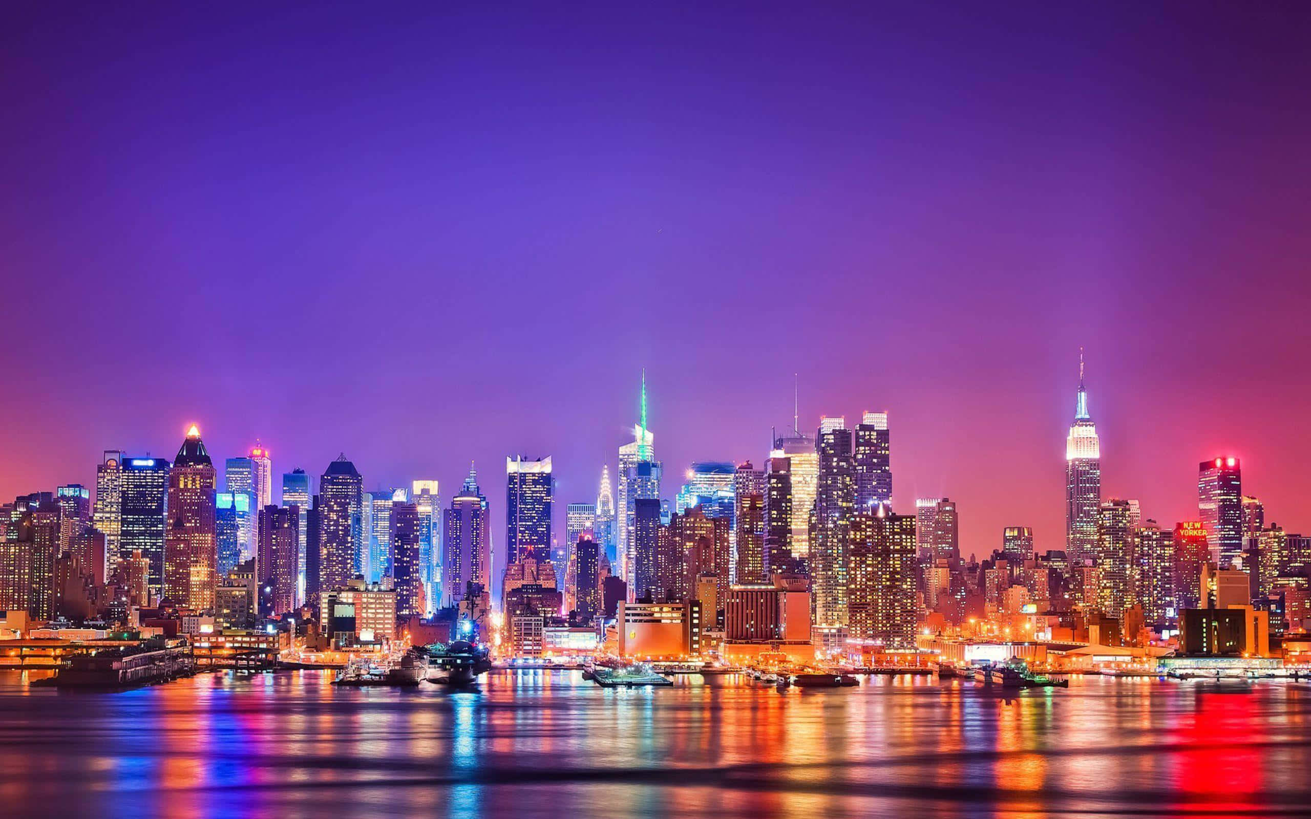 New York City, twilight, glowing skyscrapers, 2K Desktop Wallpaper