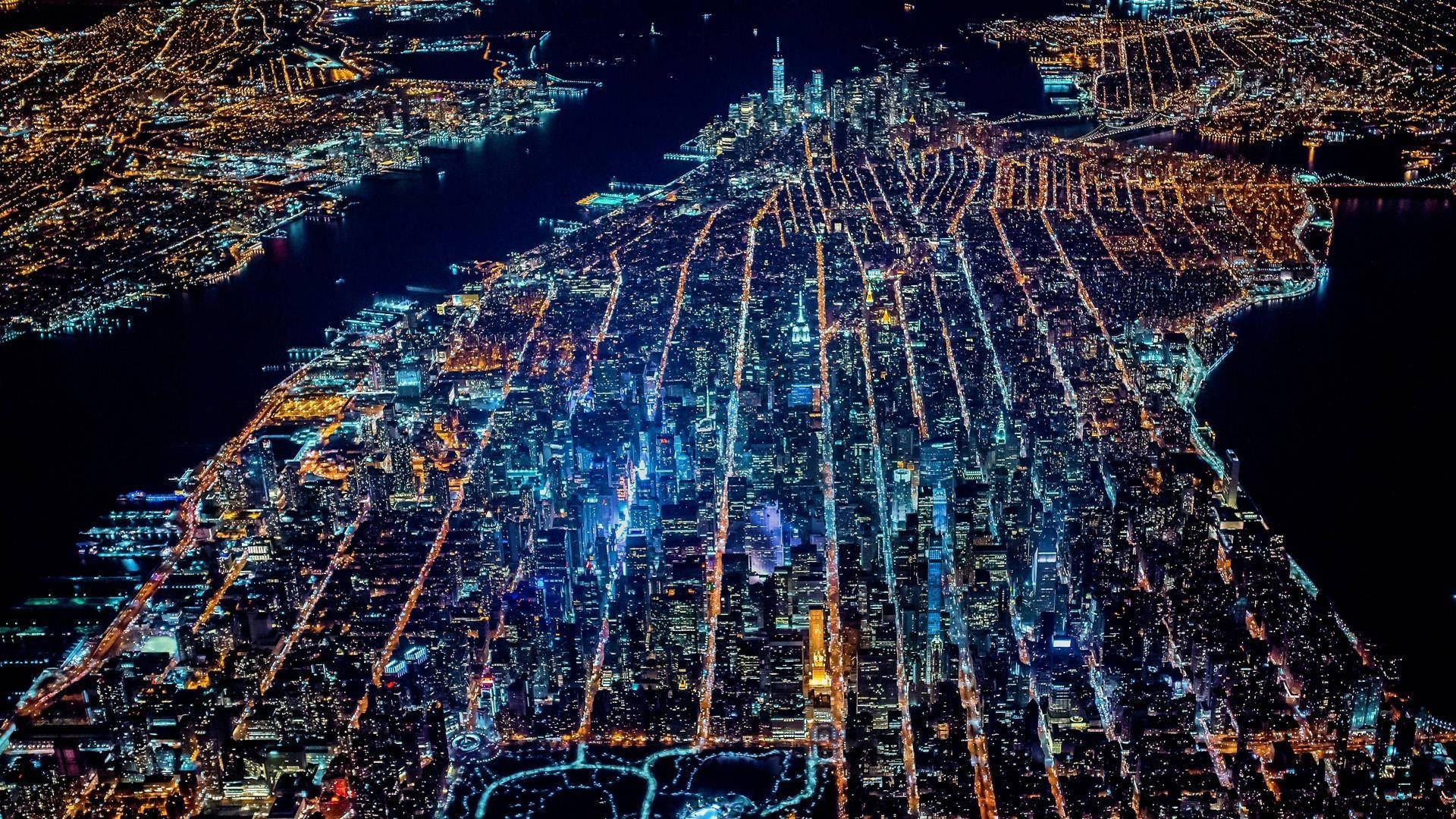 New York City, night view, drone shot, Full HD Desktop Wallpaper