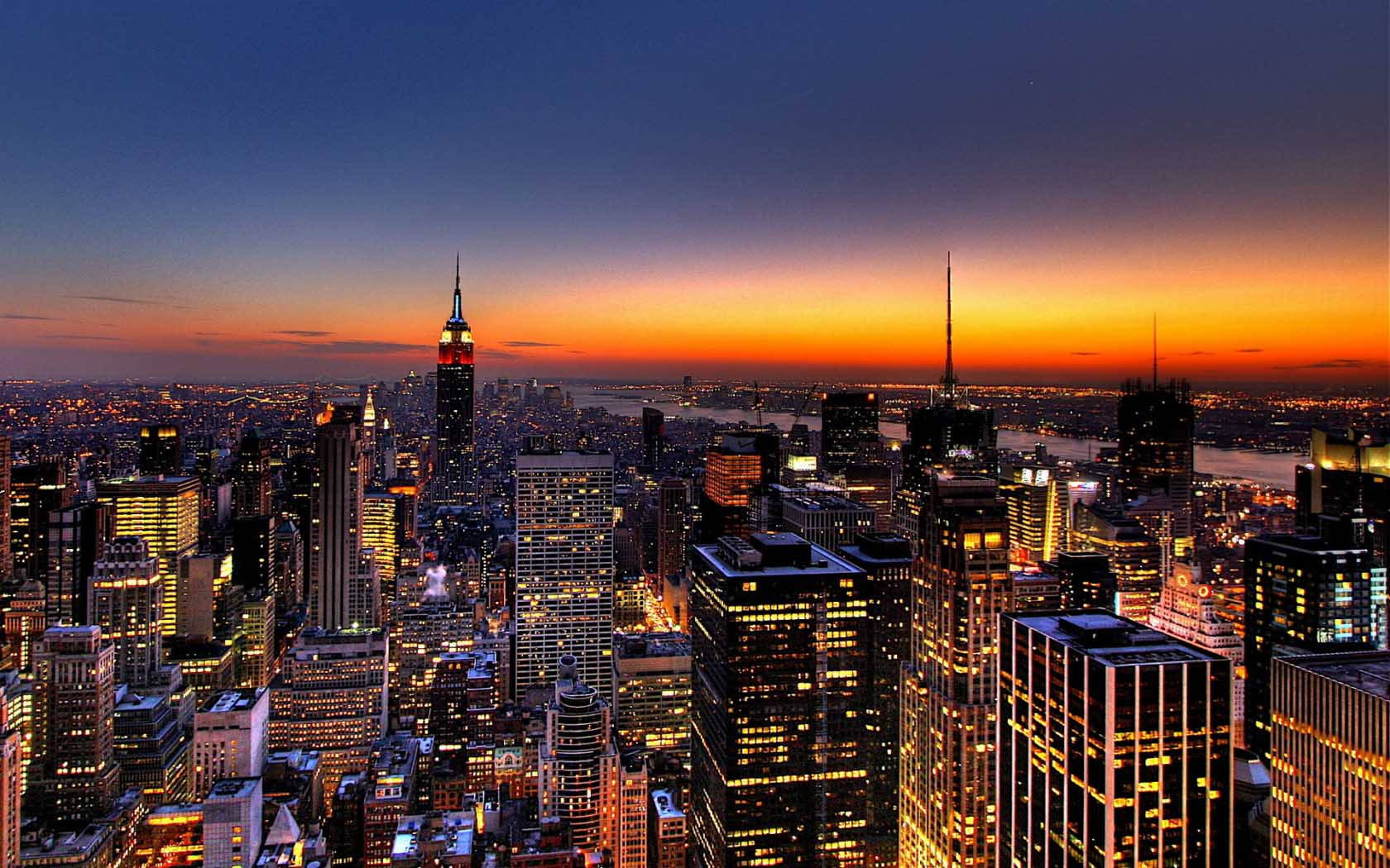 New York City, skyline, glowing skyscrapers, HD Desktop Wallpaper
