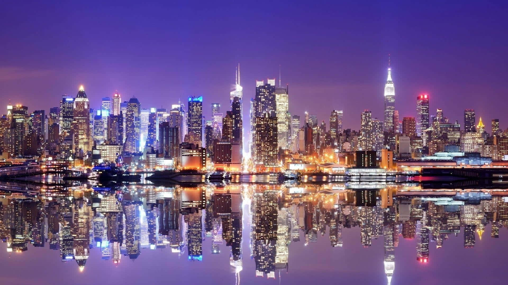 New York, purple sky, skyscrapers glowing, Full HD Desktop Wallpaper