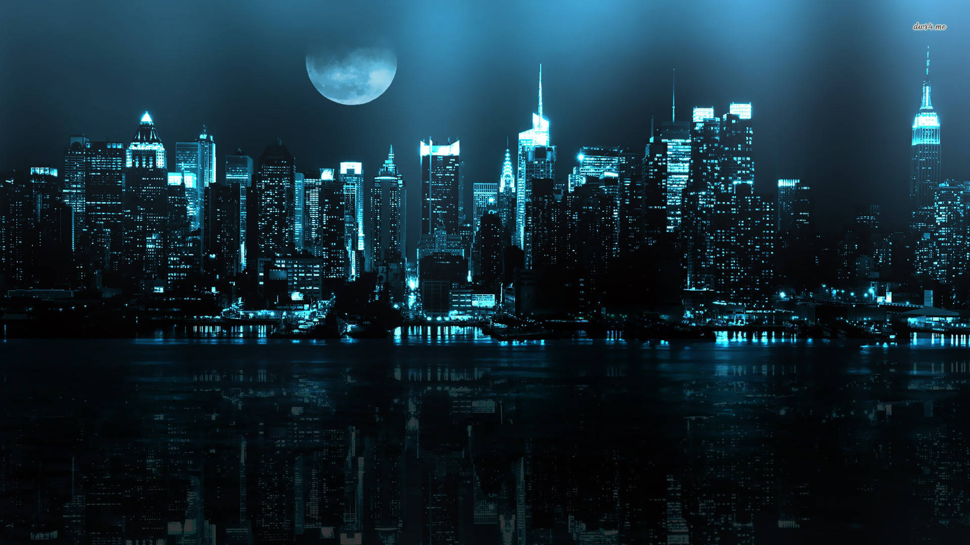 New York City Night, moonlight, glowing skyscrapers, Full HD Desktop Wallpaper