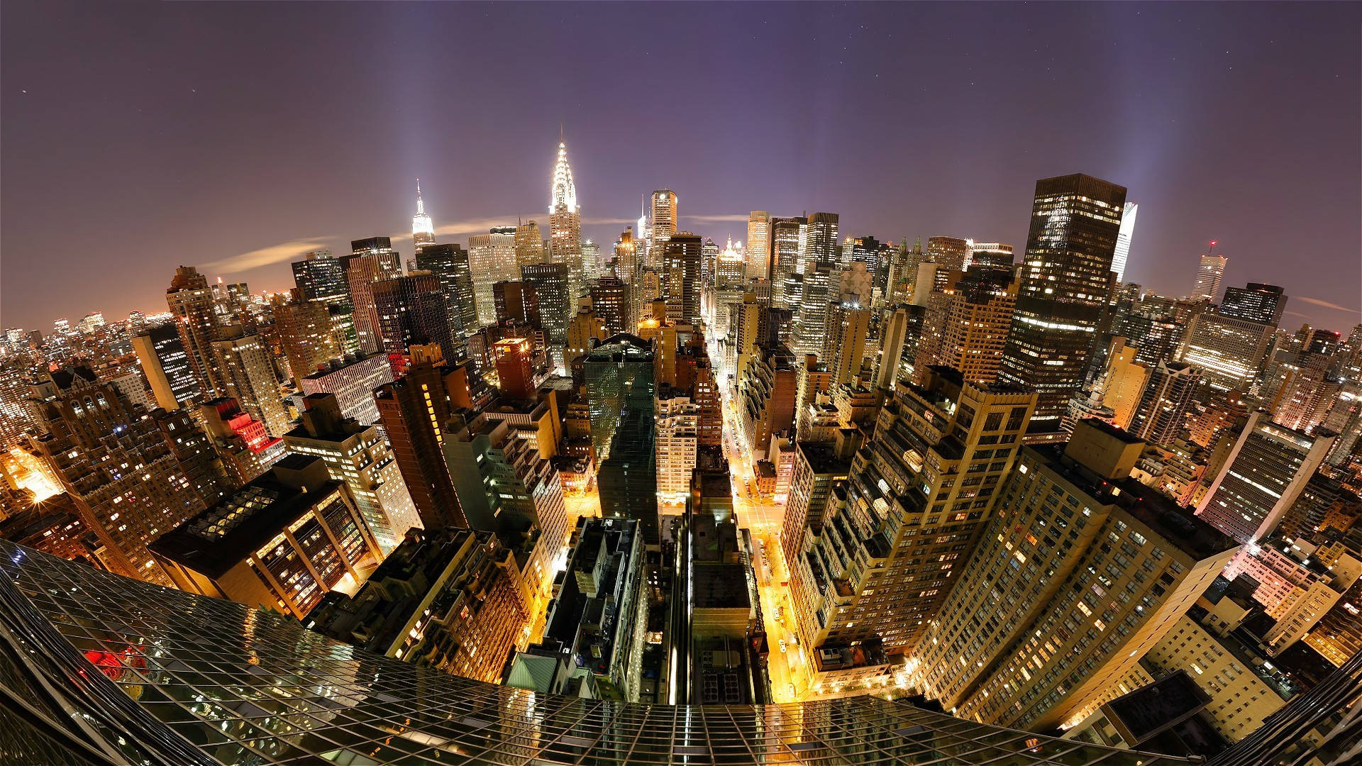 New York City Night, fisheye view, glowing skyscrapers, Full HD Desktop Wallpaper