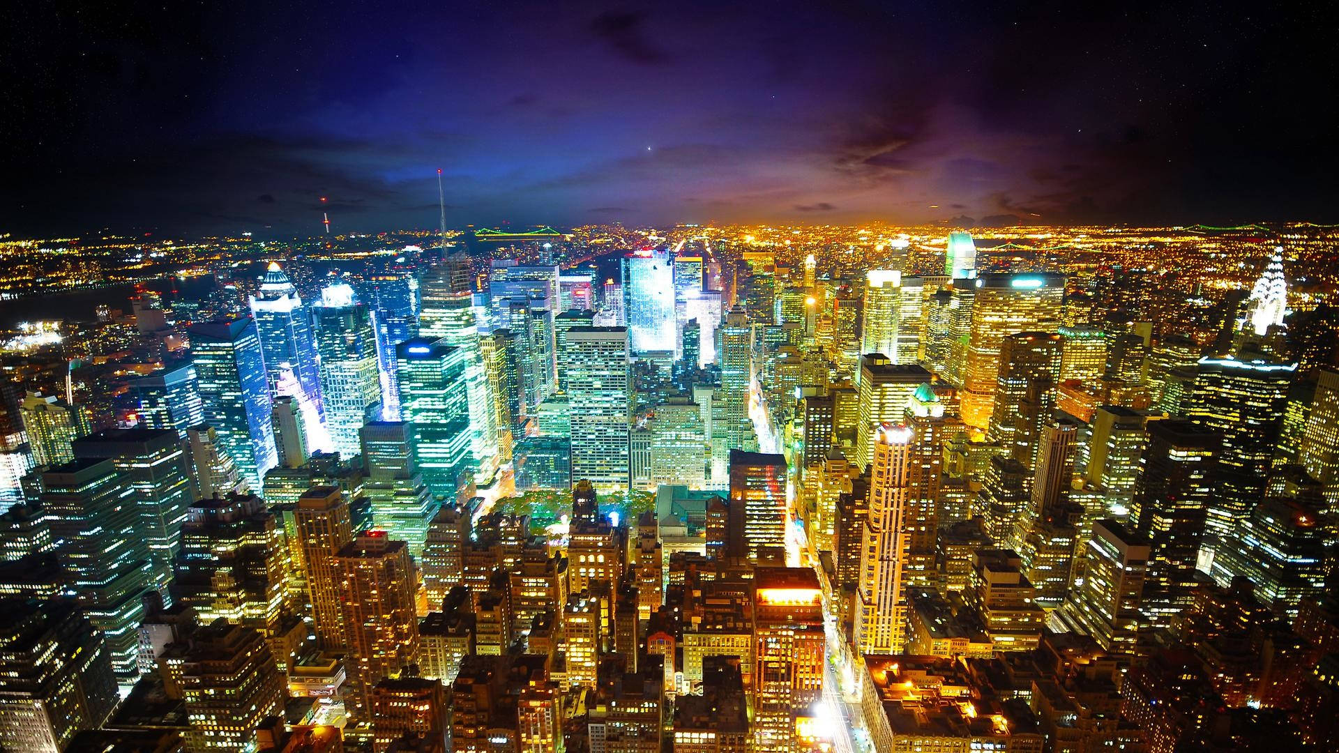 New York City, Night, glowing skyscrapers, Full HD Desktop Wallpaper