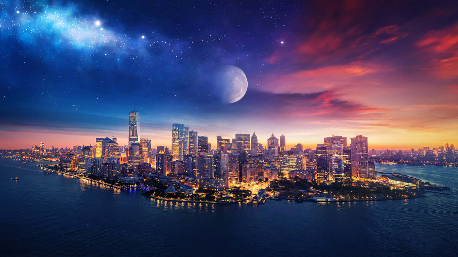 New York City, twilight, glowing moon, HD Desktop Wallpaper