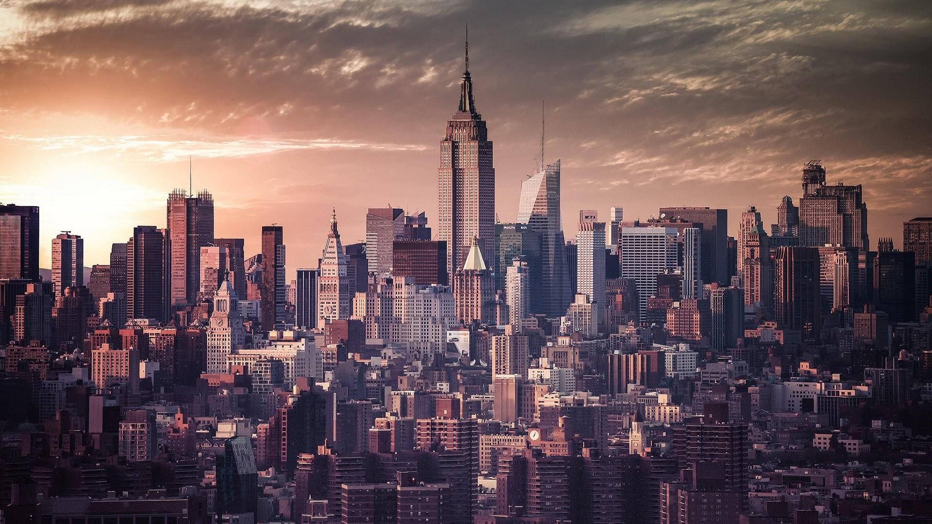 New York City skyline, sunset, golden light, Full HD Desktop Wallpaper