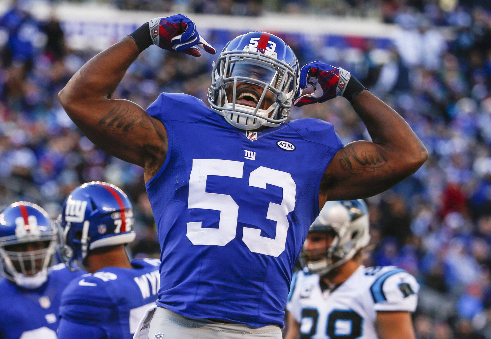 New York Giants, blue jersey, number 53, Full HD Desktop Wallpaper