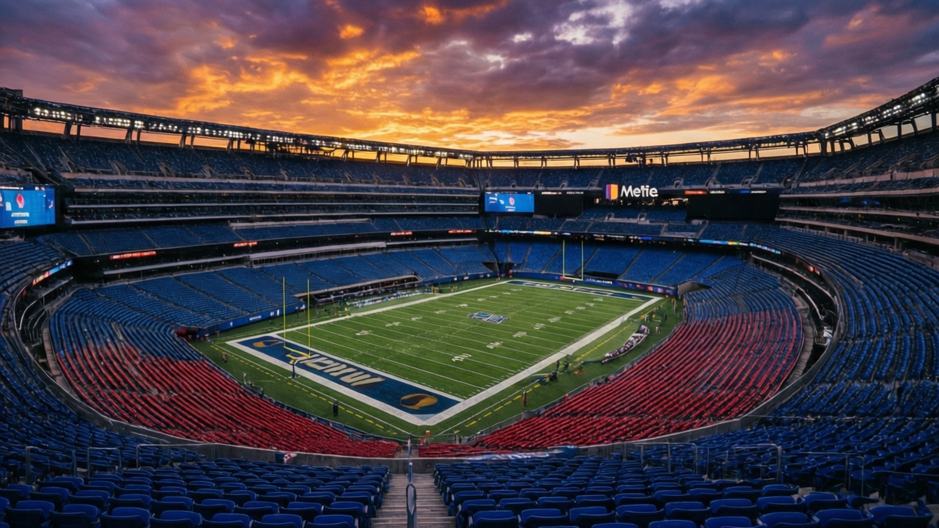 Giants Stadium, sunset, vibrant orange clouds, Full HD Desktop Wallpaper