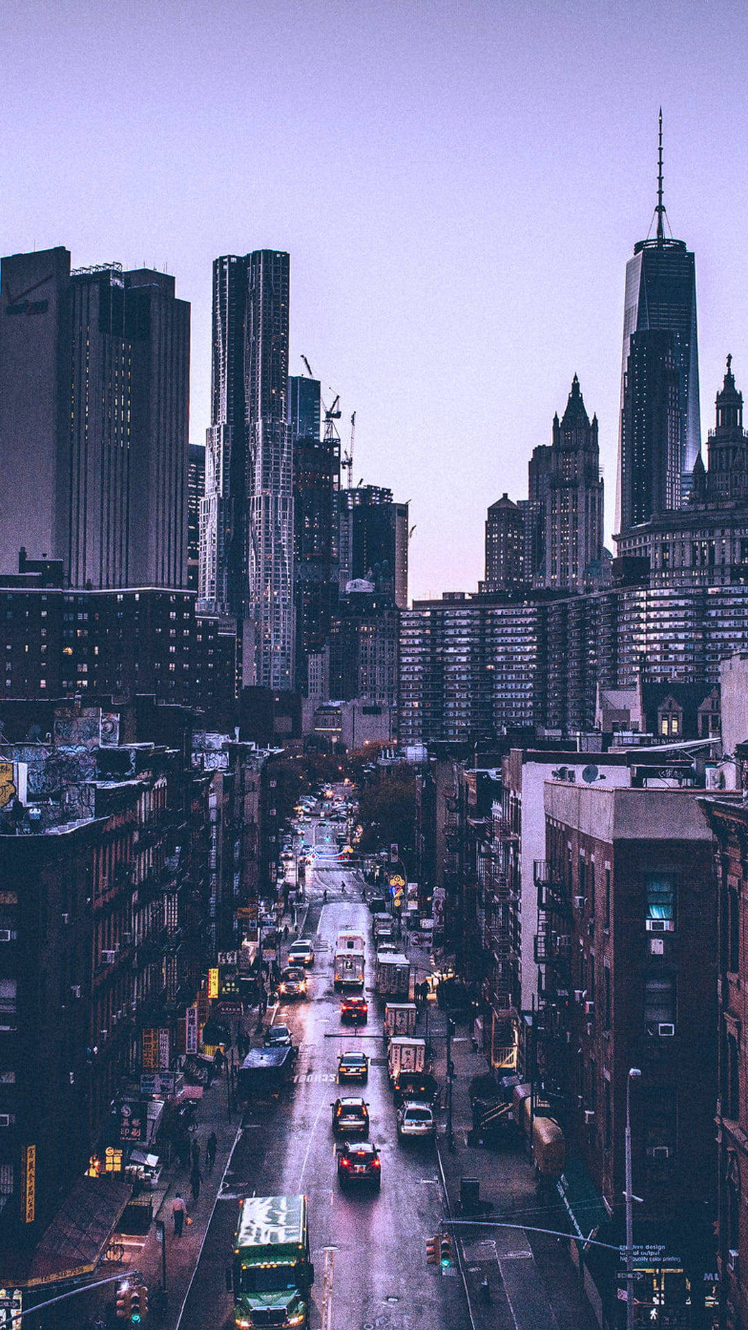 New York skyline, wet city street, dusk, Full HD Phone Wallpaper