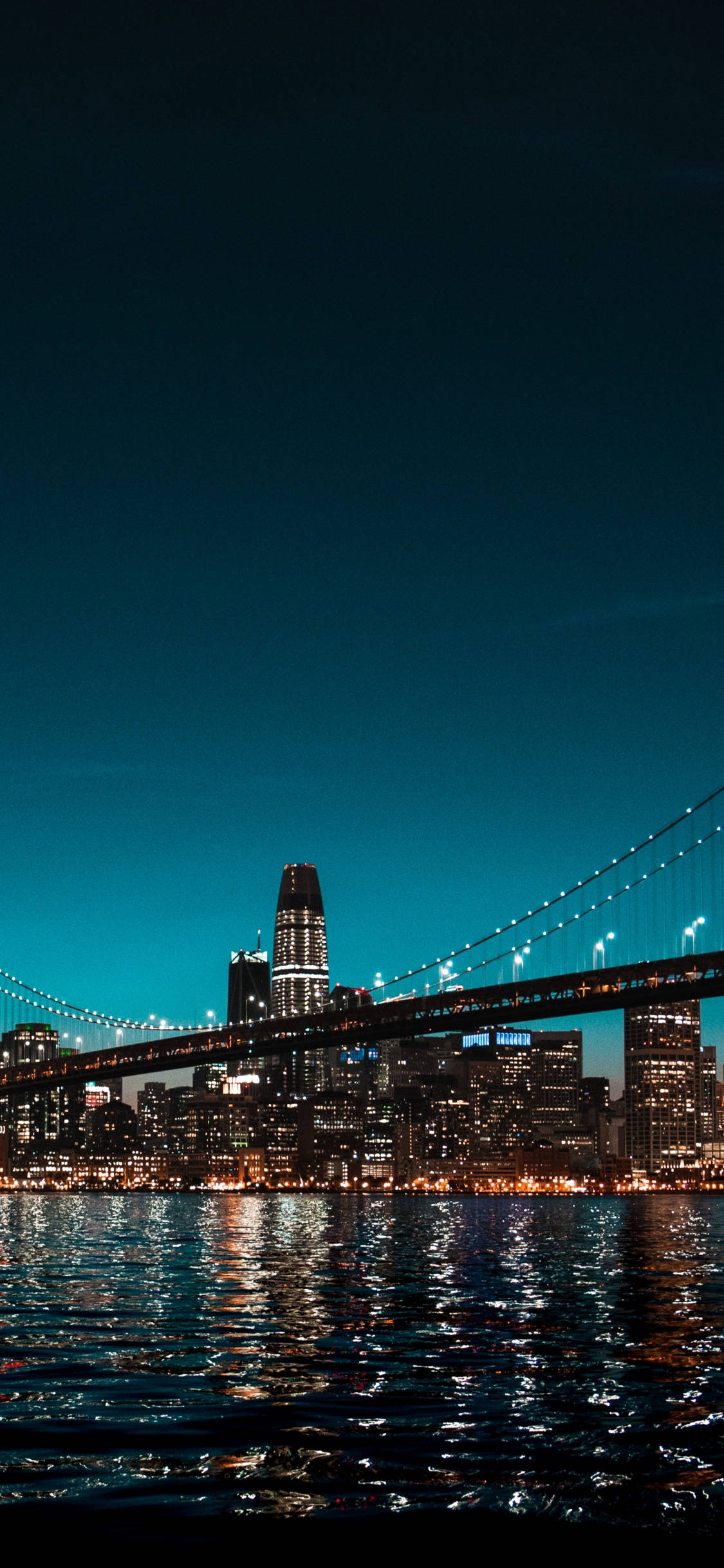 New York HD iPhone, nighttime cityscape, lit suspension bridge, Full HD Phone Wallpaper