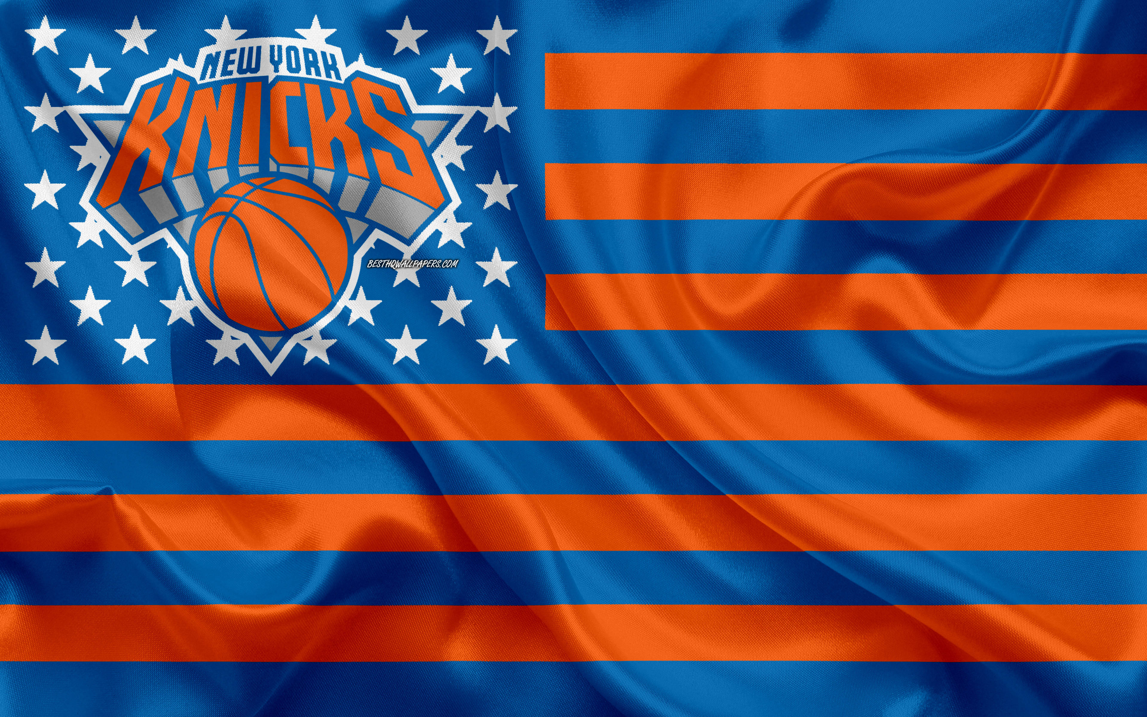 New York Knicks, satin flag, blue and orange stripes, 4K Desktop Wallpaper