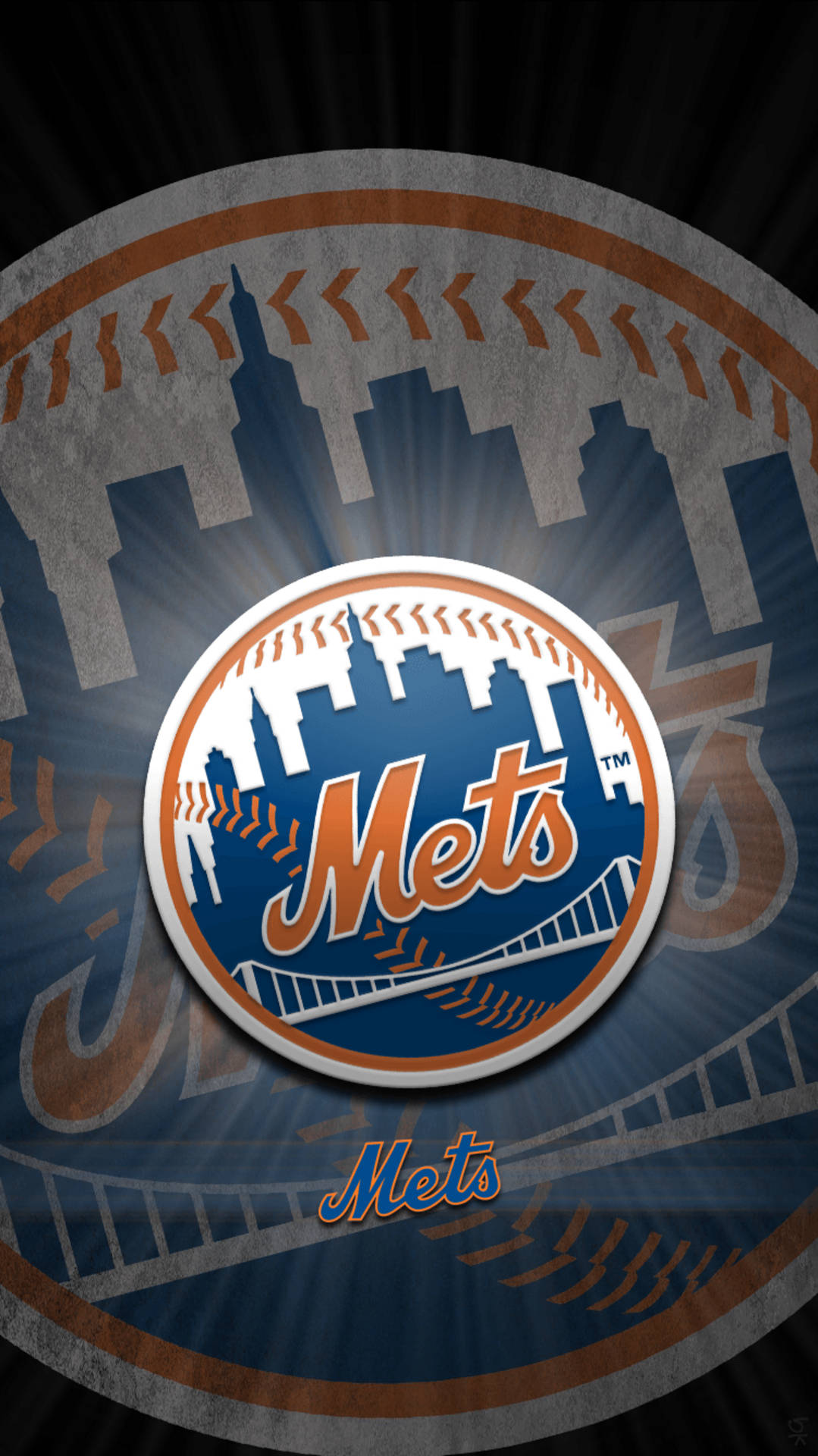 New York Mets, baseball-stitched circle, city skyline silhouette, Full HD Phone Wallpaper