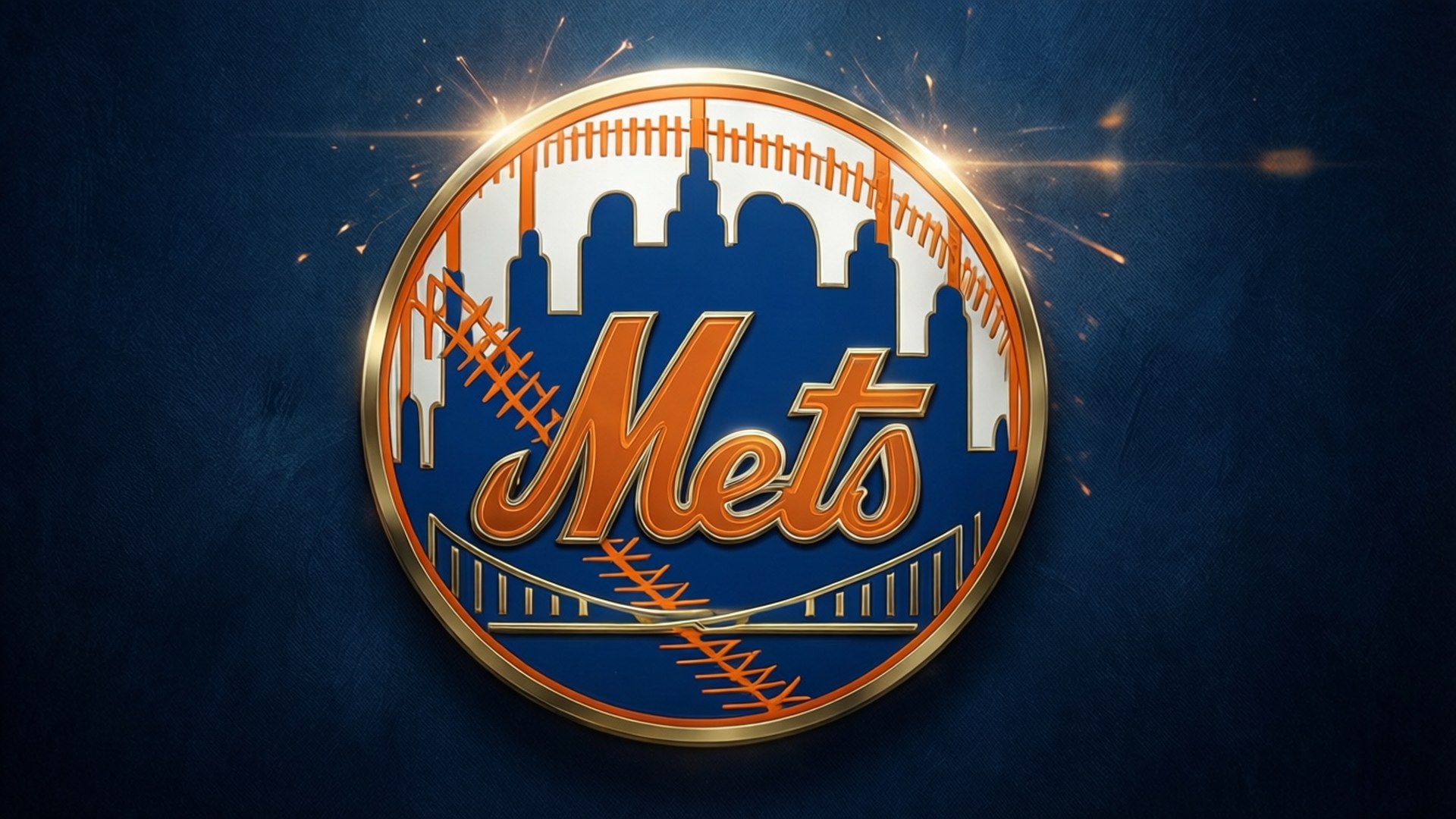 New York Mets logo, orange stitching, skyline silhouette, Full HD Desktop Wallpaper
