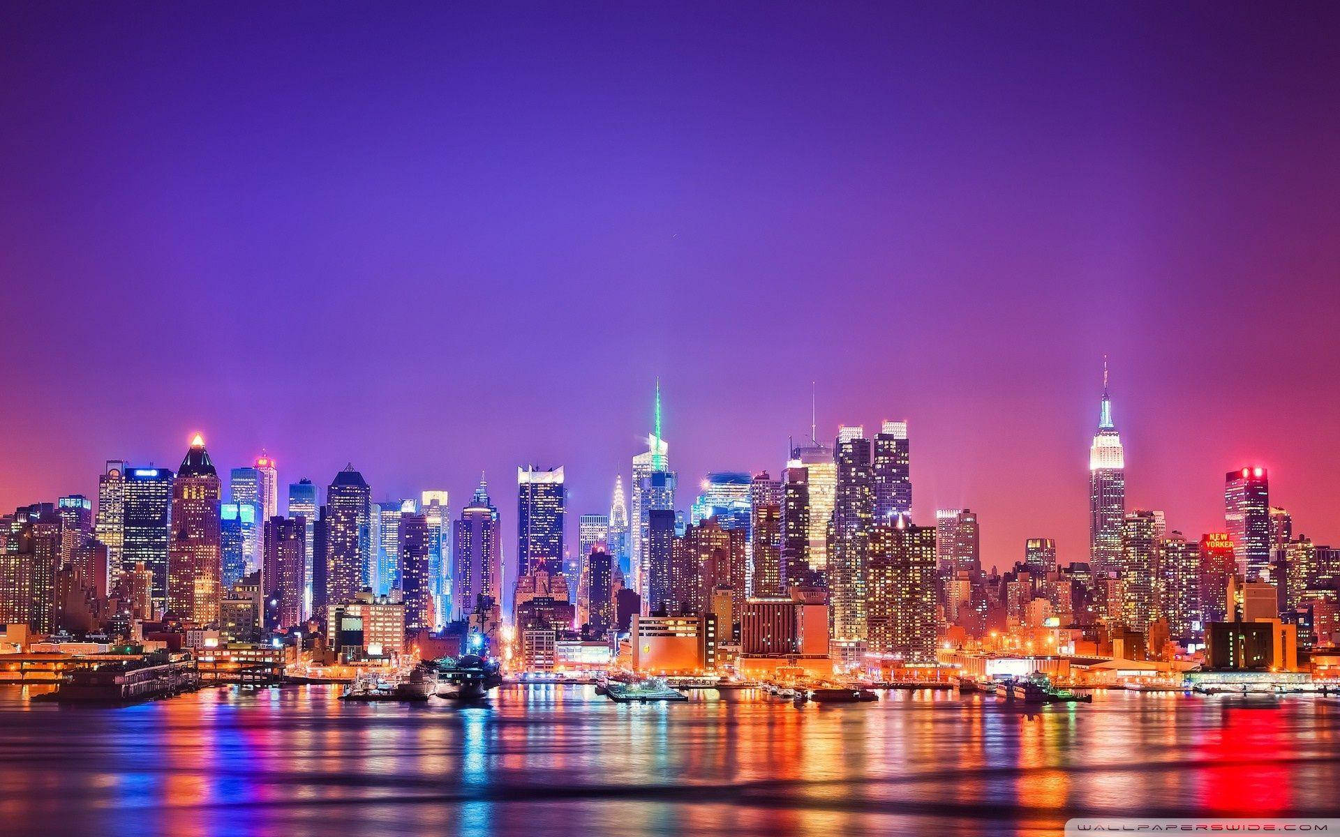 New York Skyline, purple, pink, Full HD Desktop Wallpaper