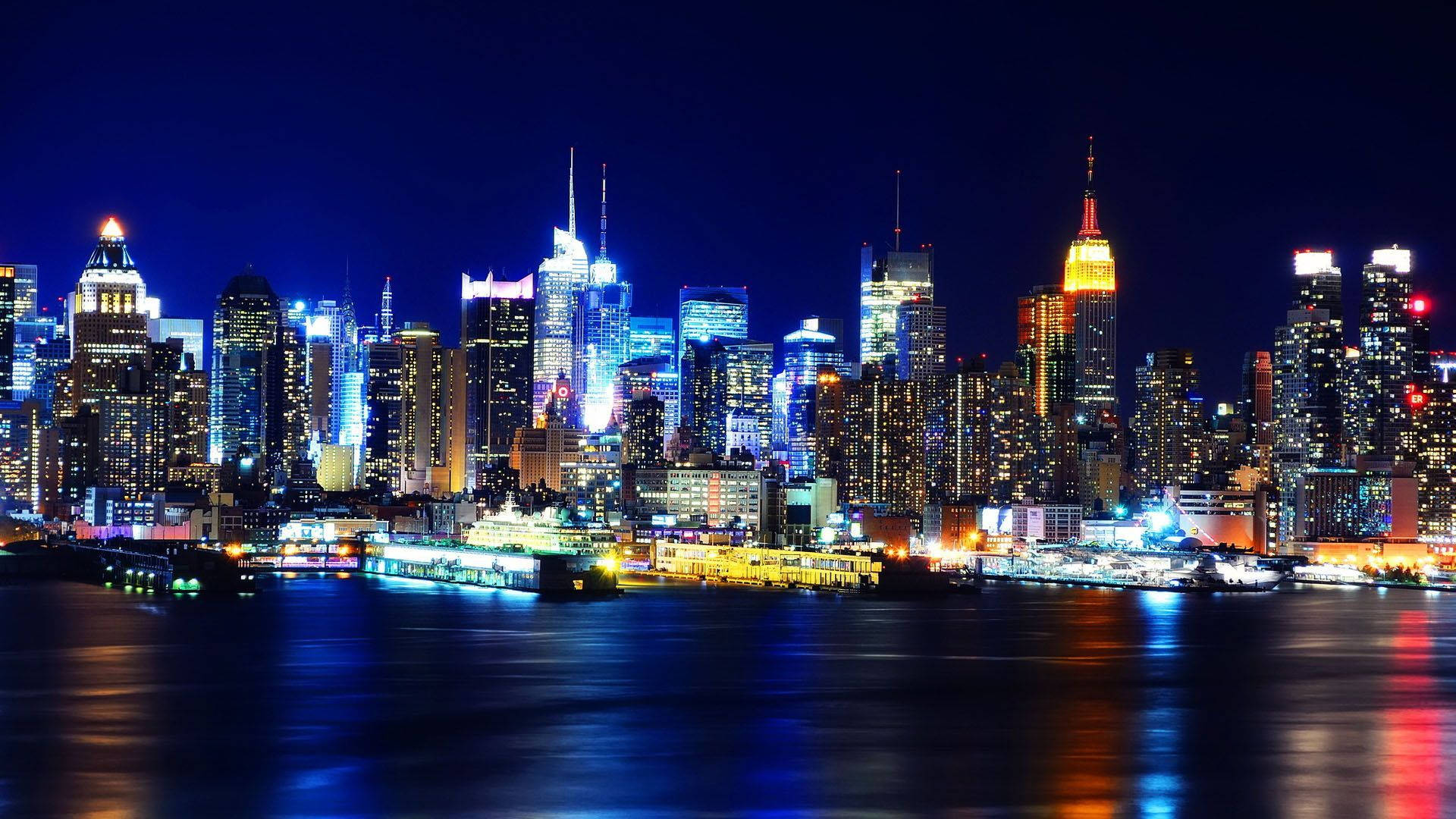 New York Skyline, night, neon lights, Full HD Desktop Wallpaper