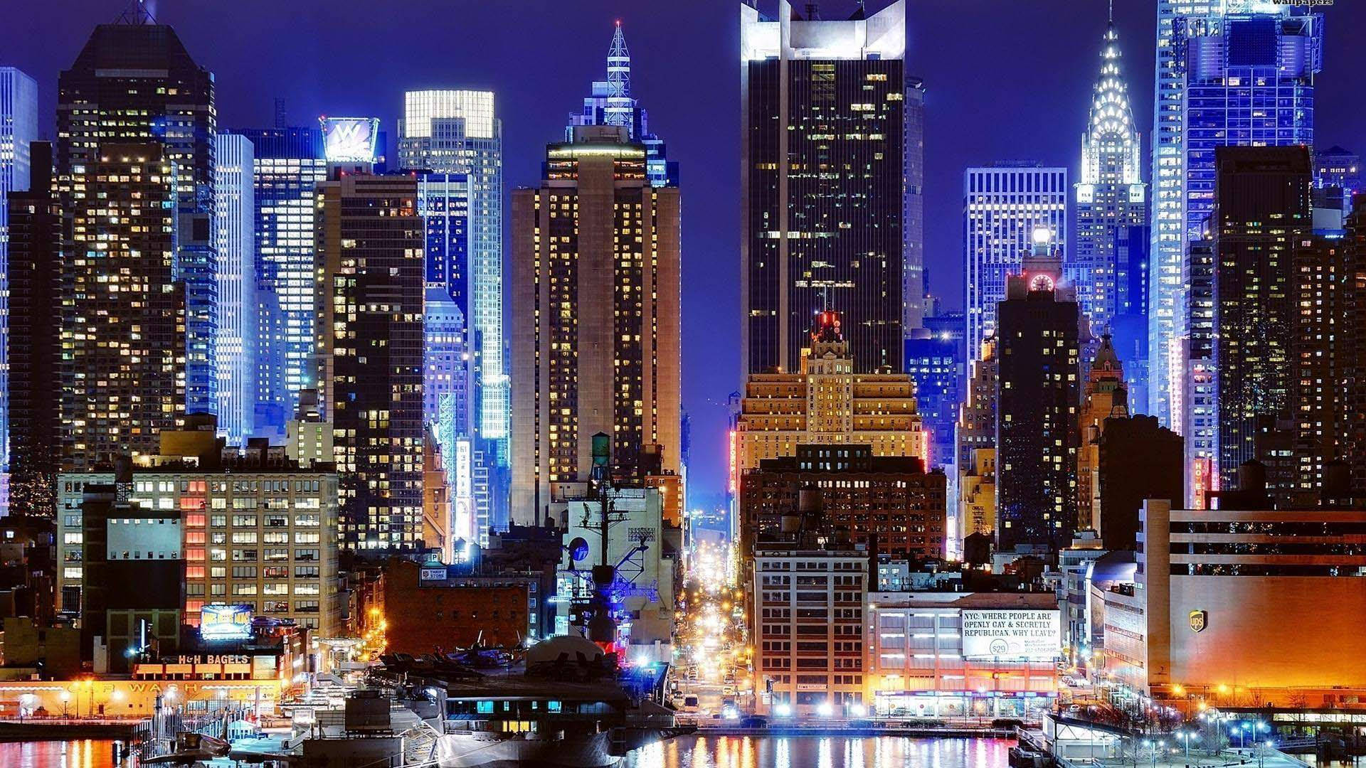 New York Skyline, glowing blue, towering skyscrapers, Full HD Desktop Wallpaper
