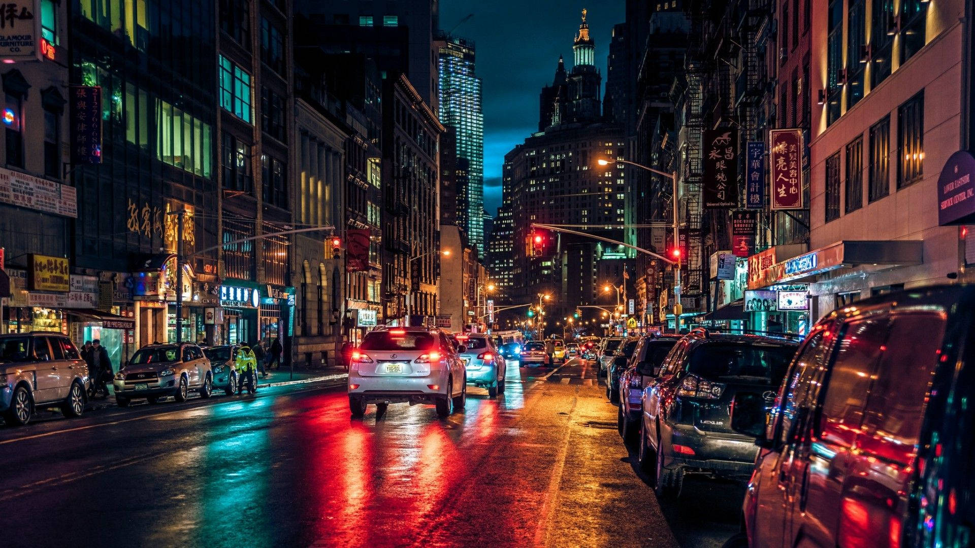 New York Street, neon lights, wet city street, Full HD Desktop Wallpaper