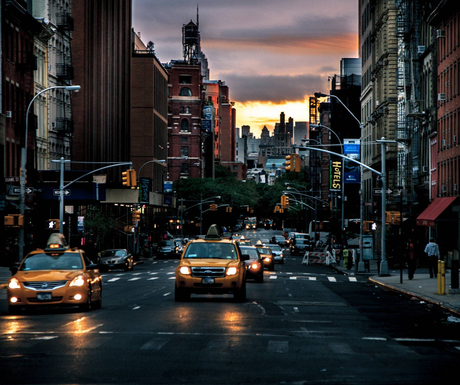 New York Street, golden taxis, wet New York street, Full HD Desktop Wallpaper