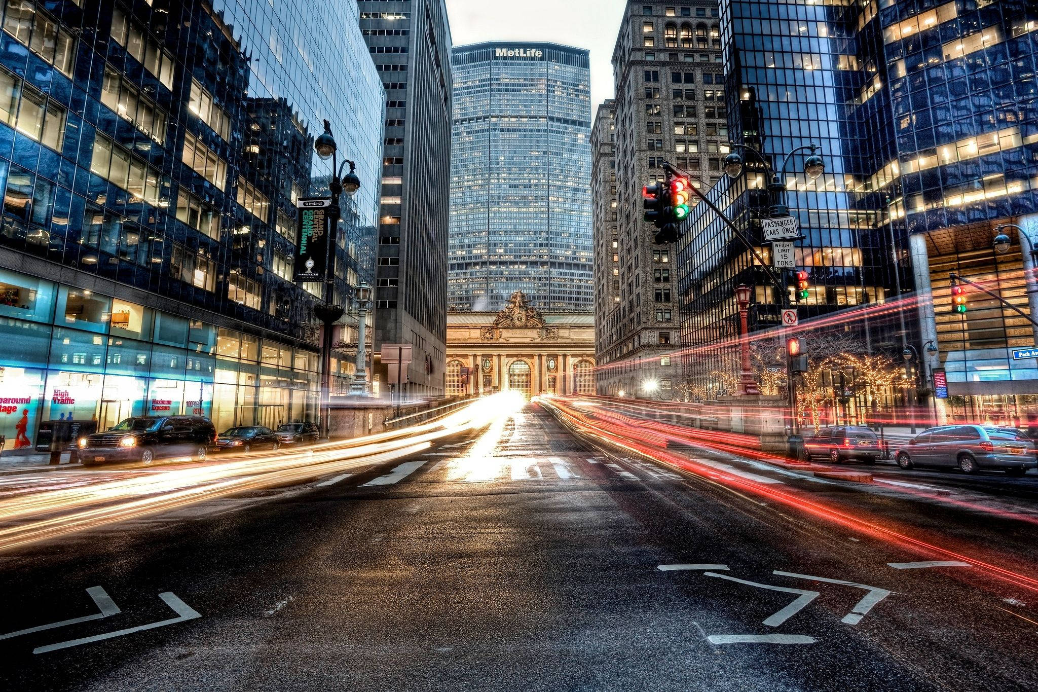 New York Street, dusk, light trails, Full HD Desktop Wallpaper