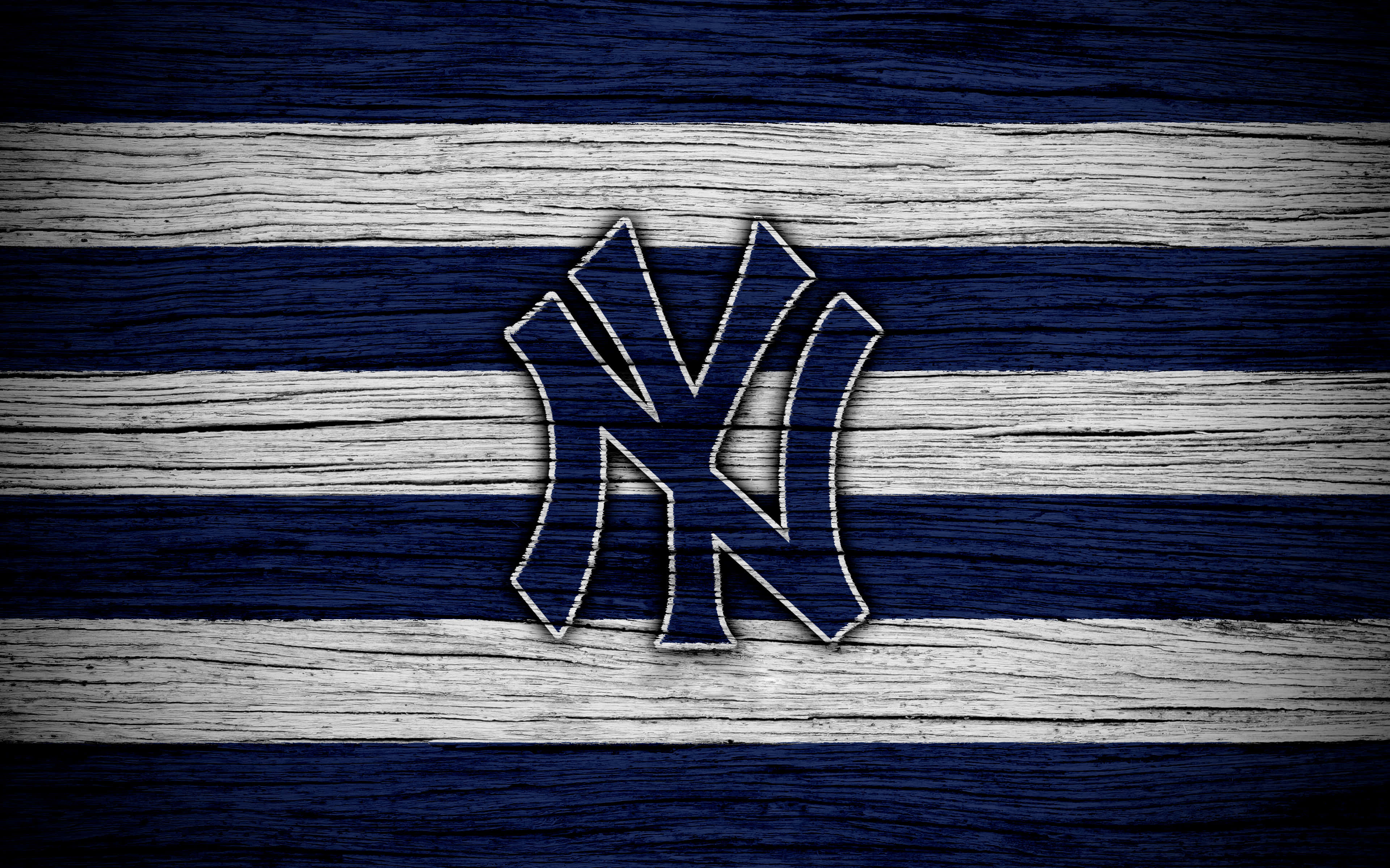 New York Yankees, white thread, weathered blue and white striped wooden background, 4K Desktop Wallpaper