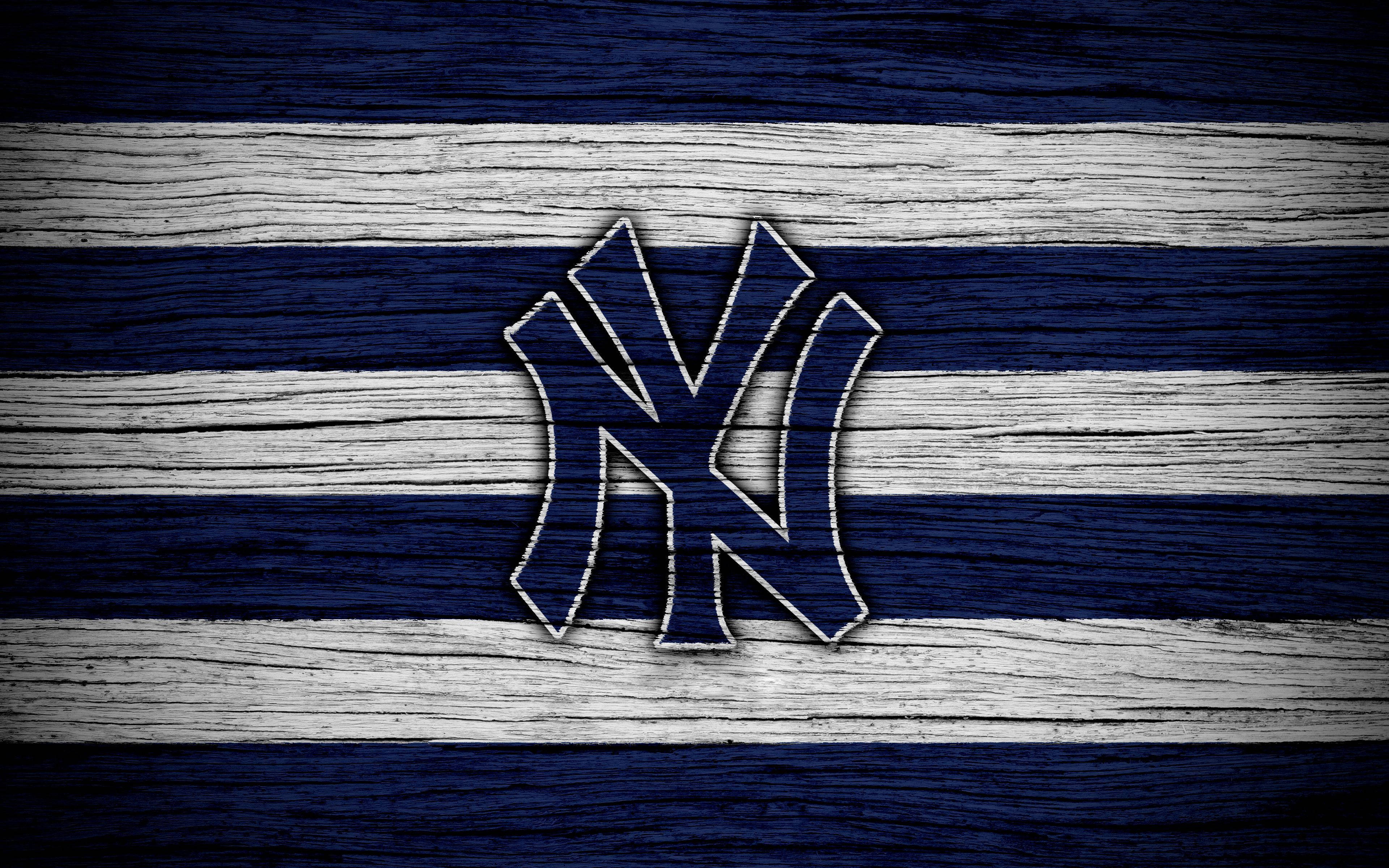 New York Yankees, white thread, weathered blue and white striped wooden background, 4K Desktop Wallpaper