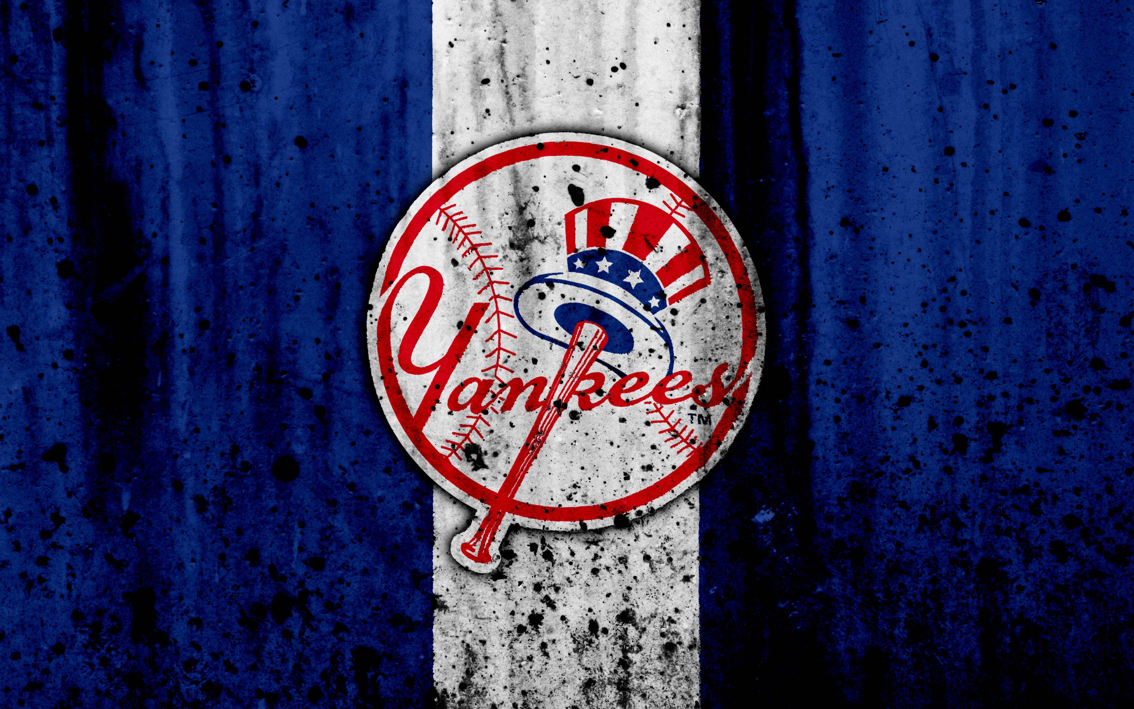 New York Yankees logo, red white and blue stars, distressed blue and white striped background, 4K Desktop Wallpaper