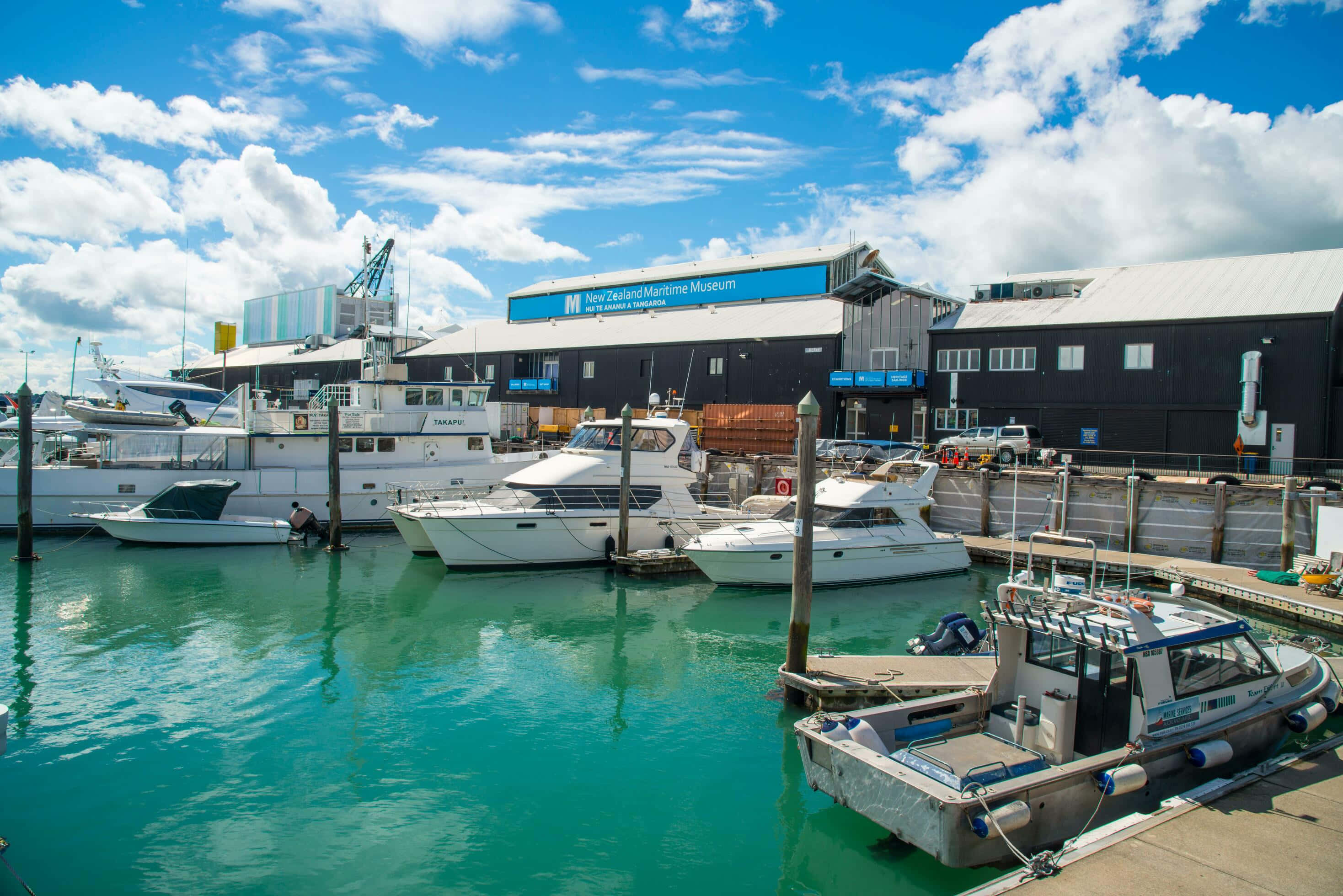 New Zealand Maritime Museum, harbor view, white yachts, 2K Desktop Wallpaper