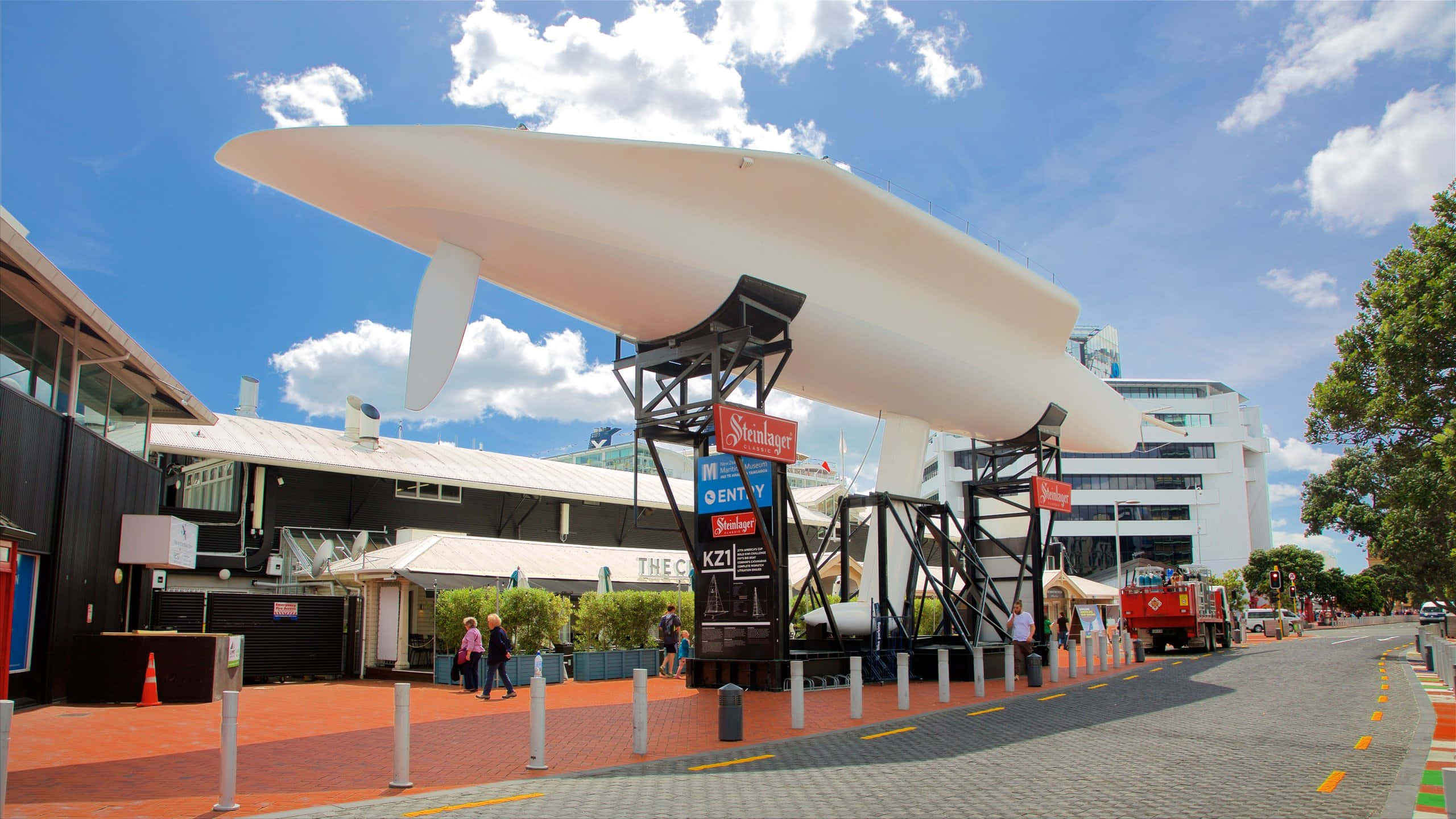 New Zealand Maritime Museum, white submarine, modern waterfront entrance, 2K Desktop Wallpaper