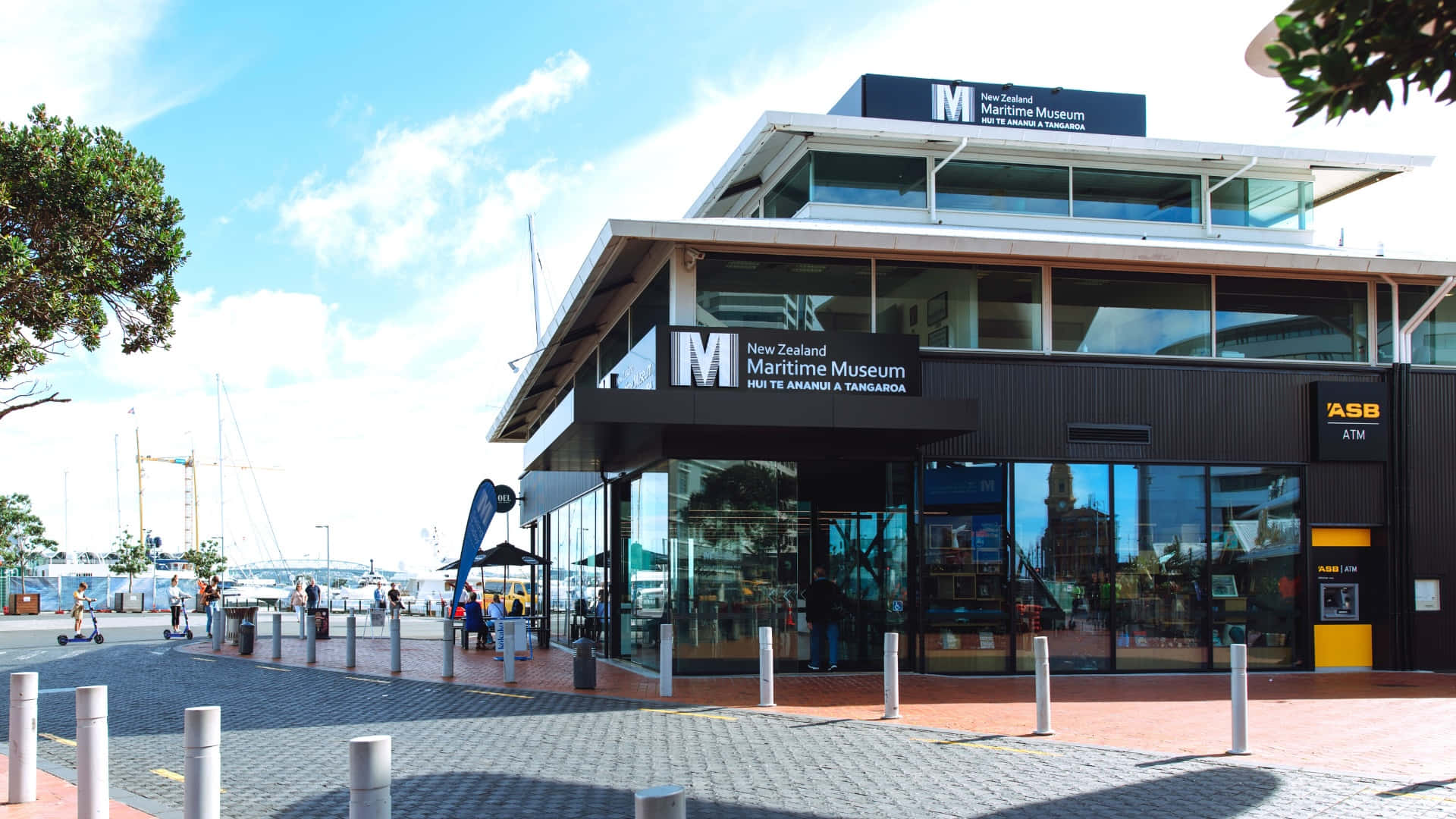 New Zealand Maritime Museum, glass and steel, bright blue sky, Full HD Desktop Wallpaper