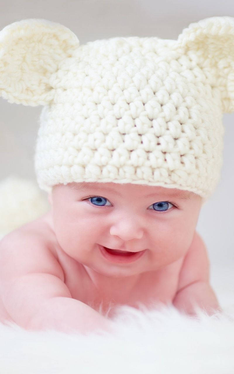 Newborn Baby, blue eyes, cream-colored crocheted bear ear hat, HD Phone Wallpaper