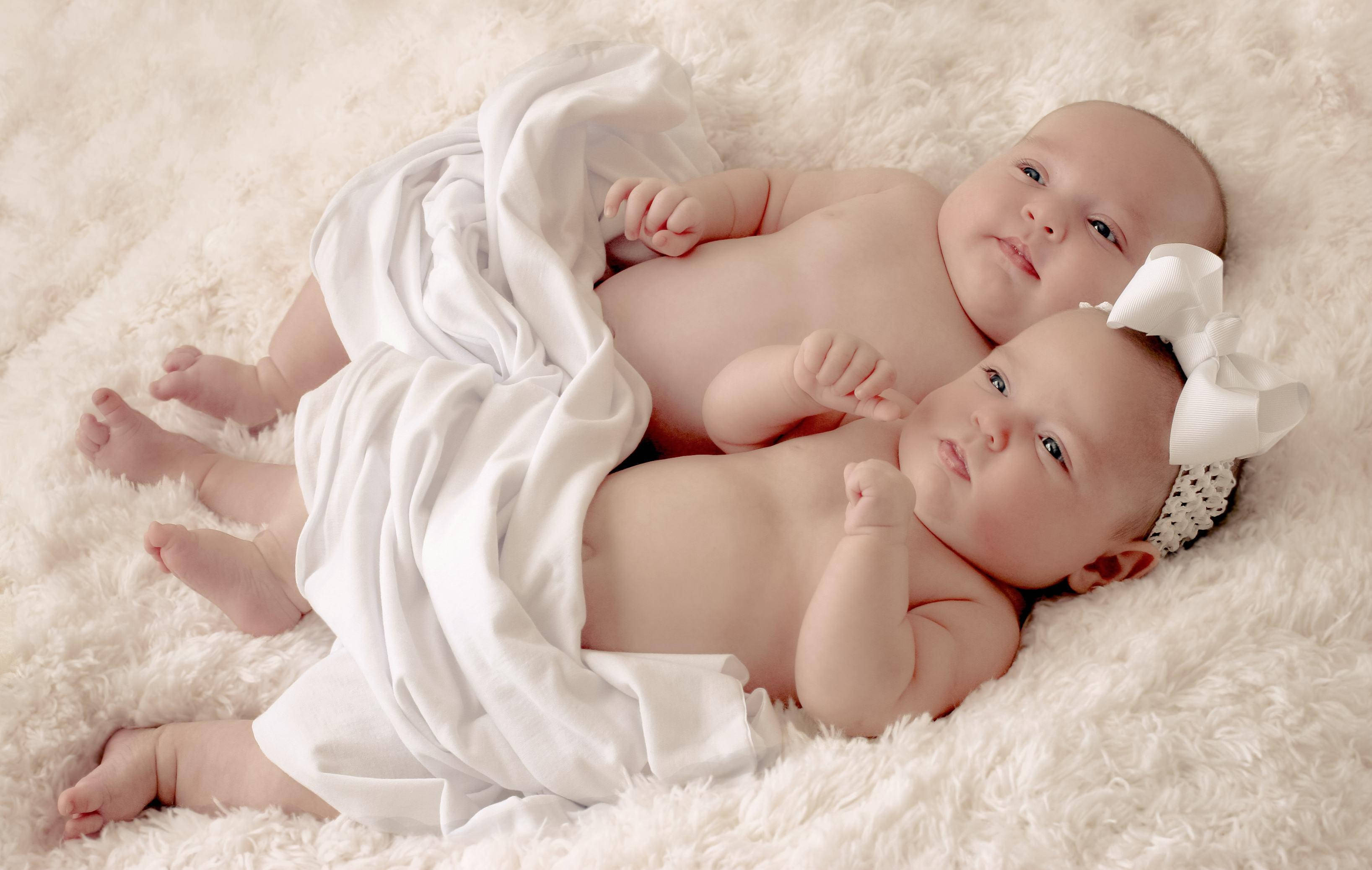 twin joy, newborn babies, fluffy white rug, 2K Desktop Wallpaper