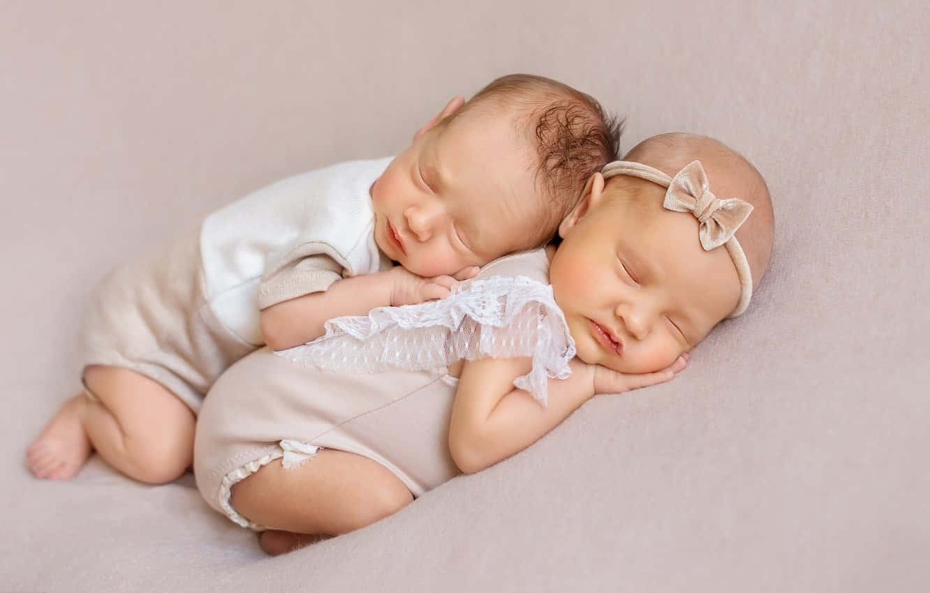 sleeping newborn twins, soft beige blanket, delicate lace headband, HD Desktop Wallpaper
