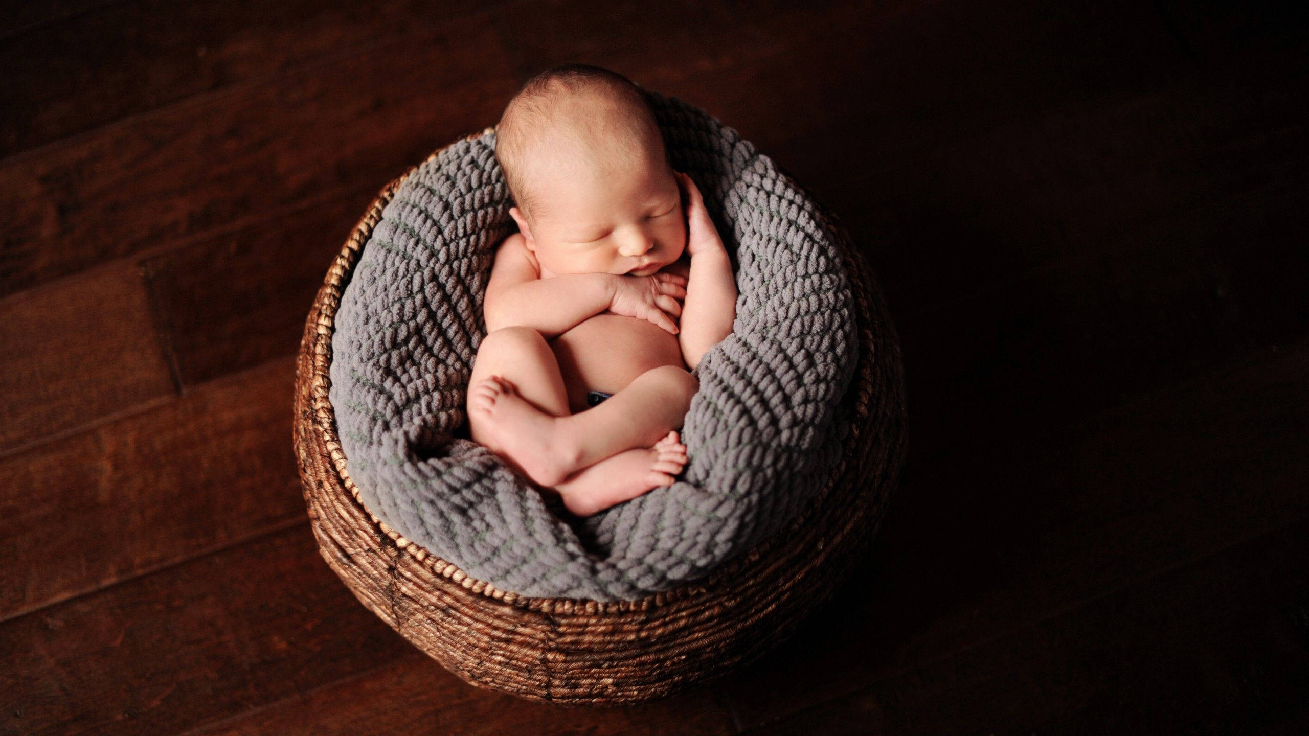 newborn baby, woven basket, soft gray knit fabric, 2K Desktop Wallpaper