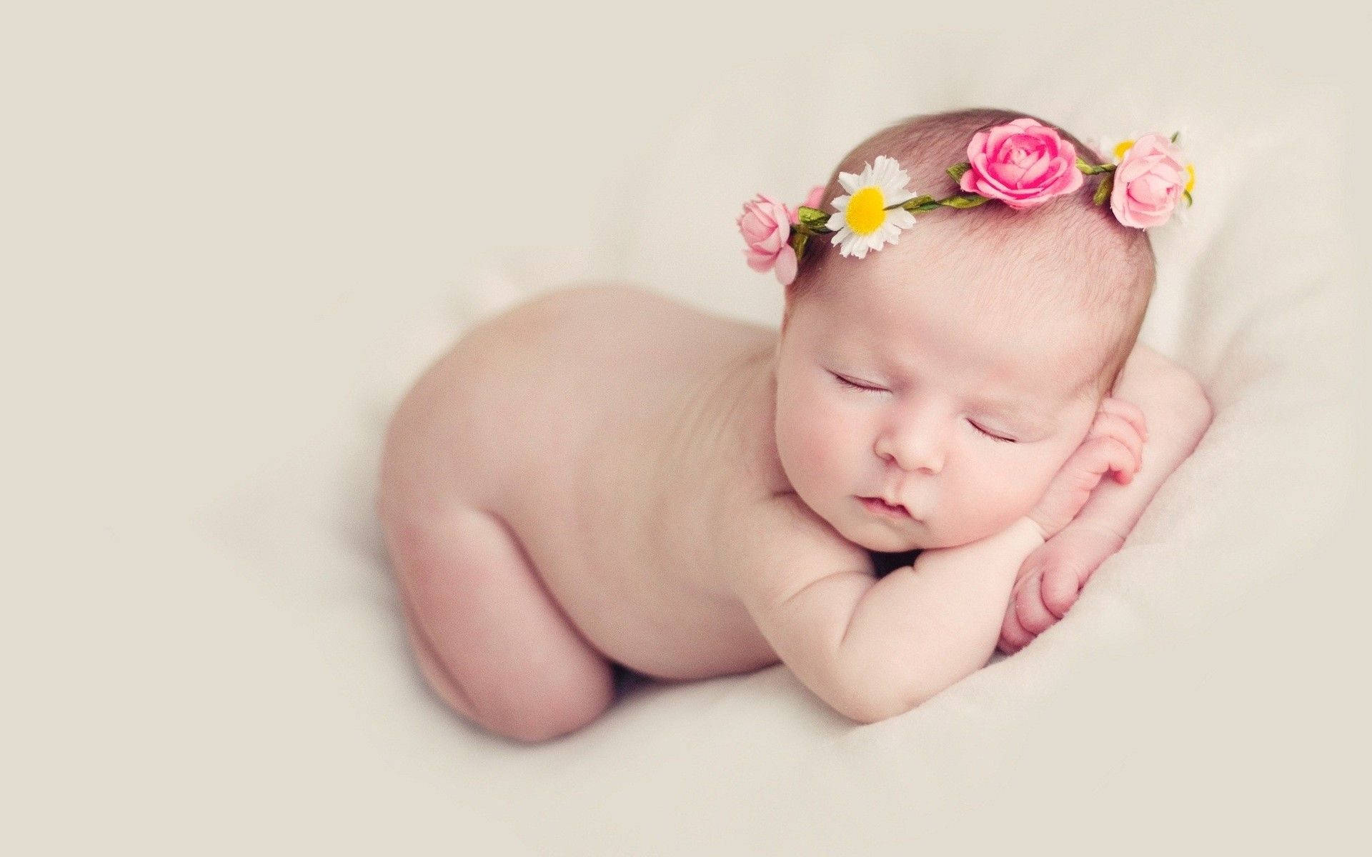 sleeping newborn baby, pink and white floral crown, stomach, Full HD Desktop Wallpaper