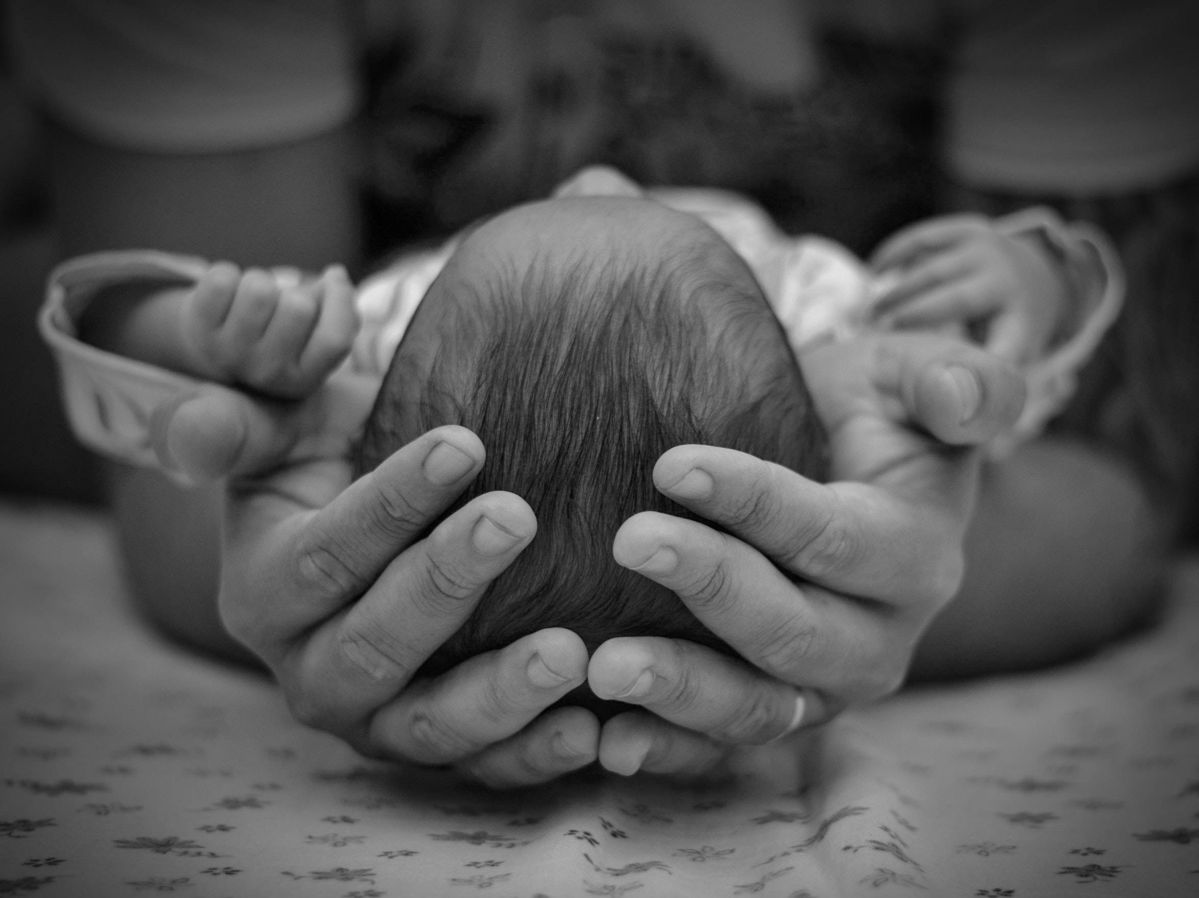 newborn baby girl, black and white, close-up, Full HD Desktop Wallpaper