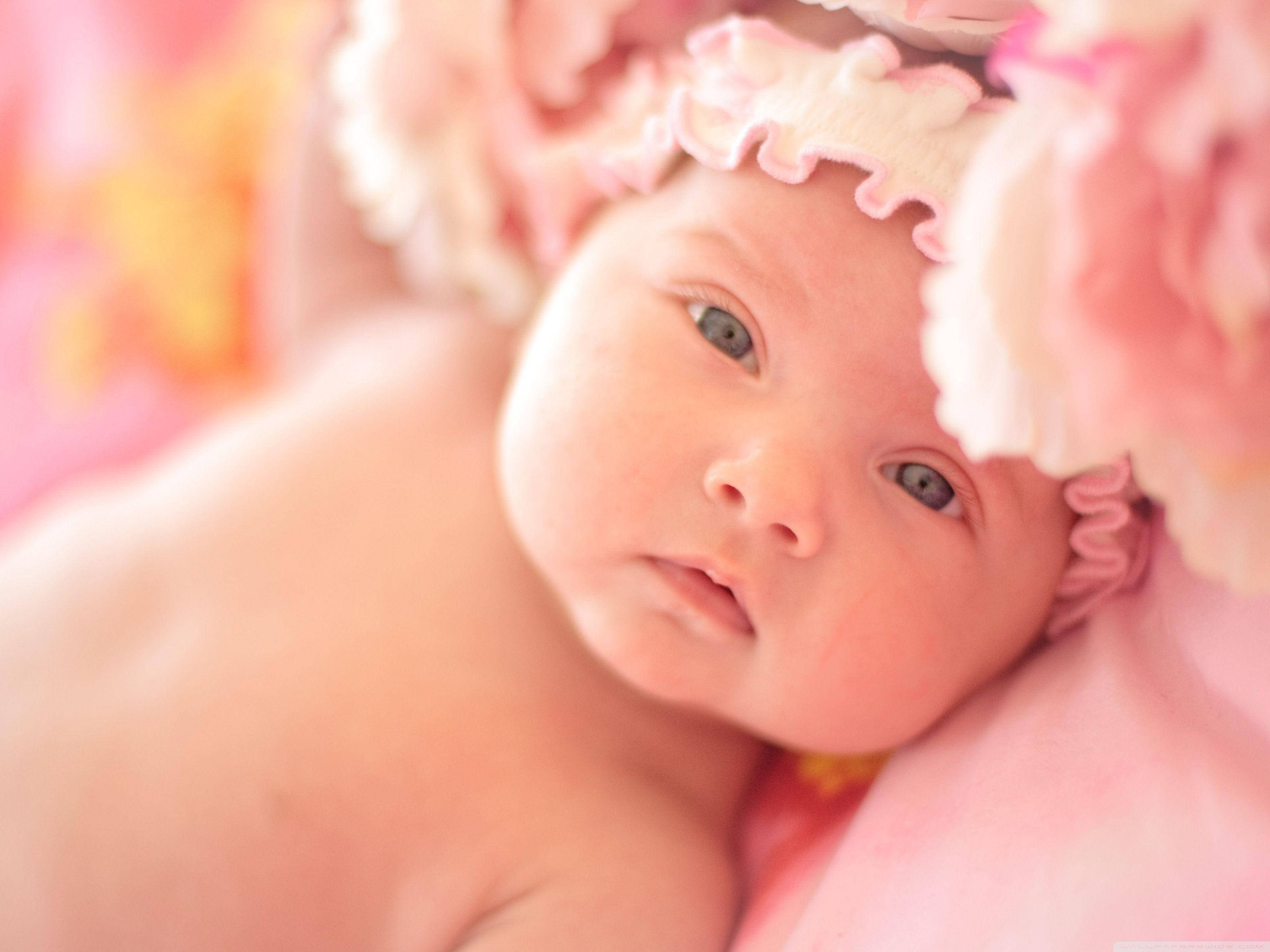 newborn baby, wide blue eyes, soft pink floral bonnet, 2K Desktop Wallpaper
