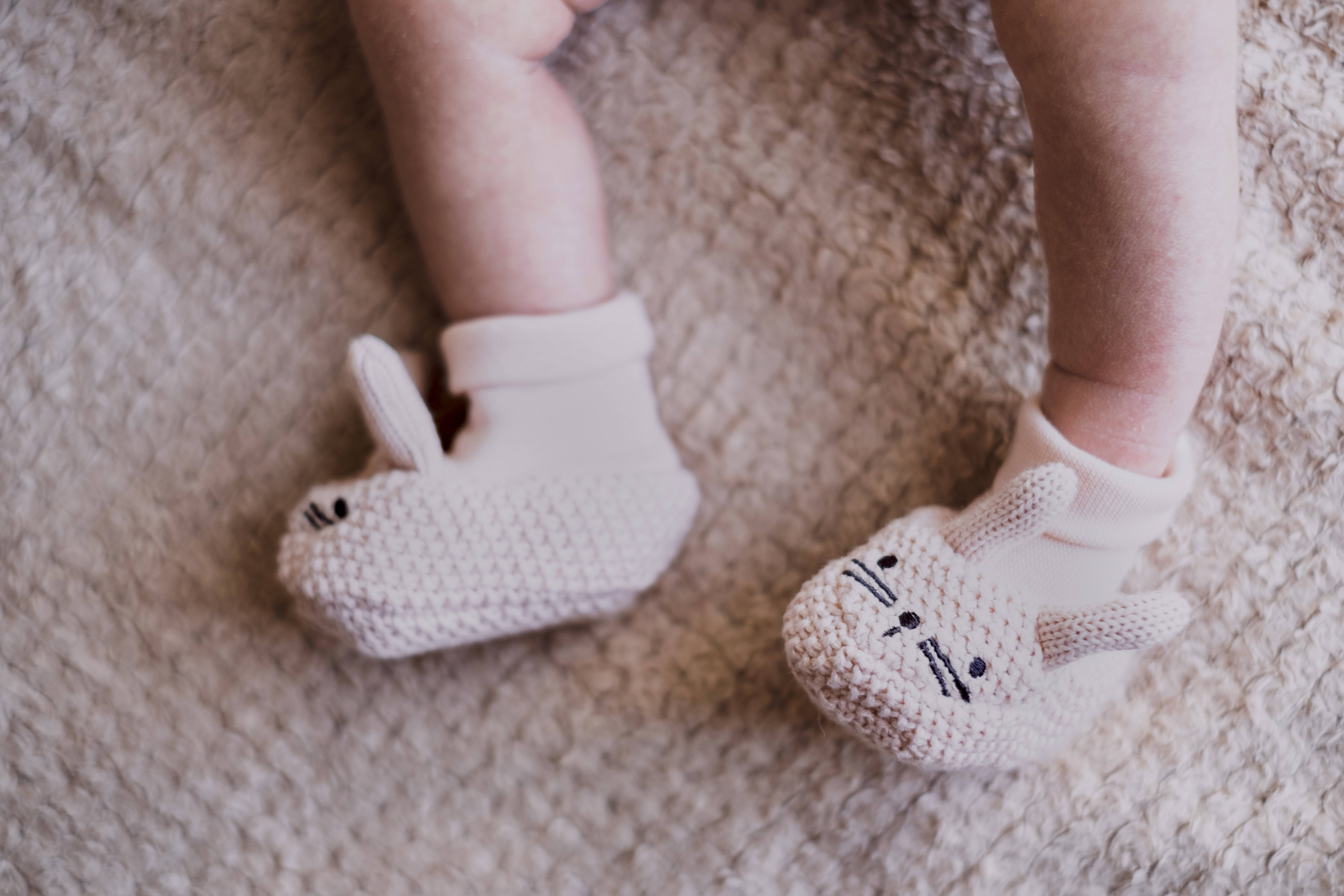 newborn baby girl, bunny booties, soft beige knitted, 5K Desktop Wallpaper