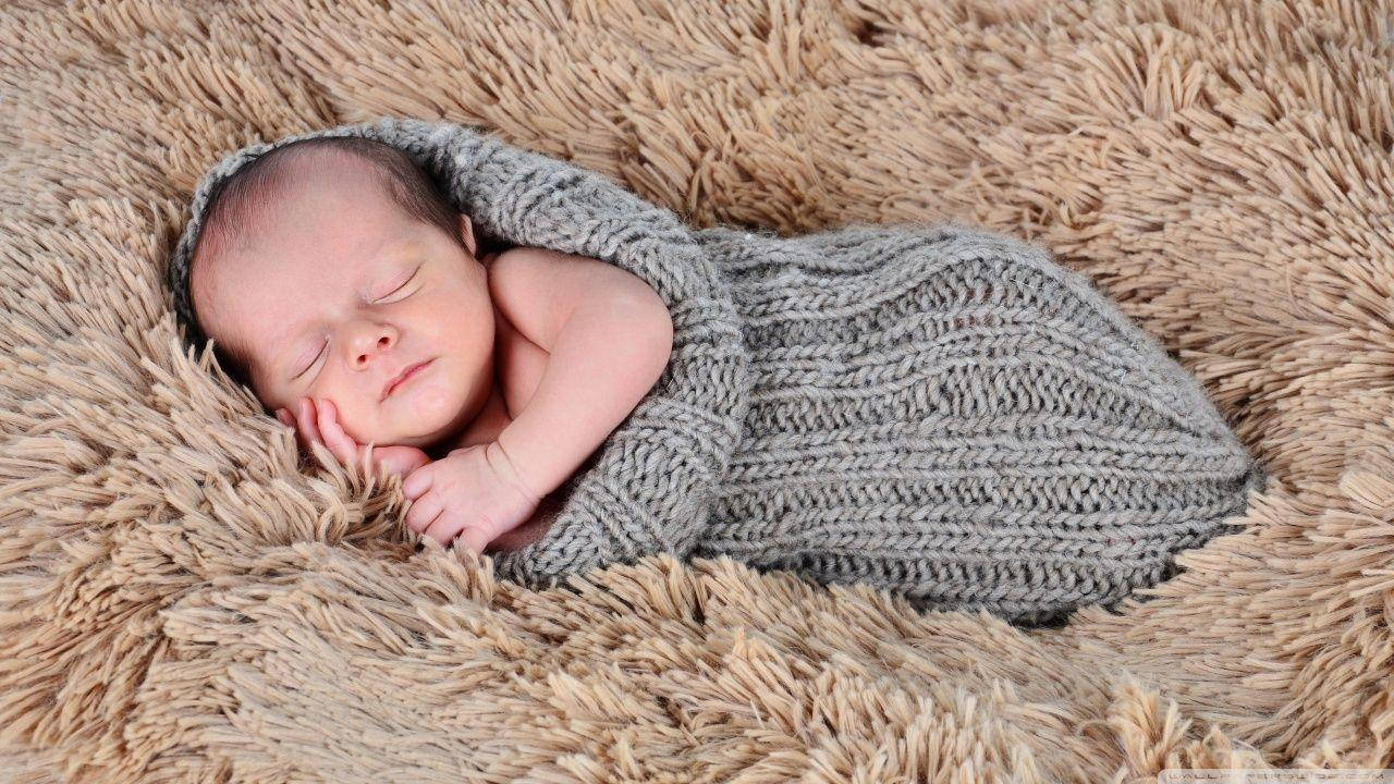 newborn, gray knit blanket, fluffy beige rug, HD Desktop Wallpaper