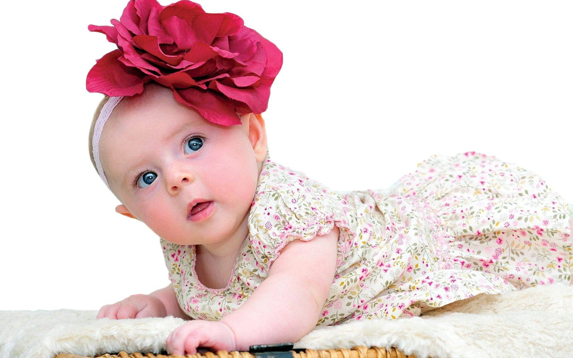 sleeping newborn, bright blue eyes, large red flower headband, Full HD Desktop Wallpaper