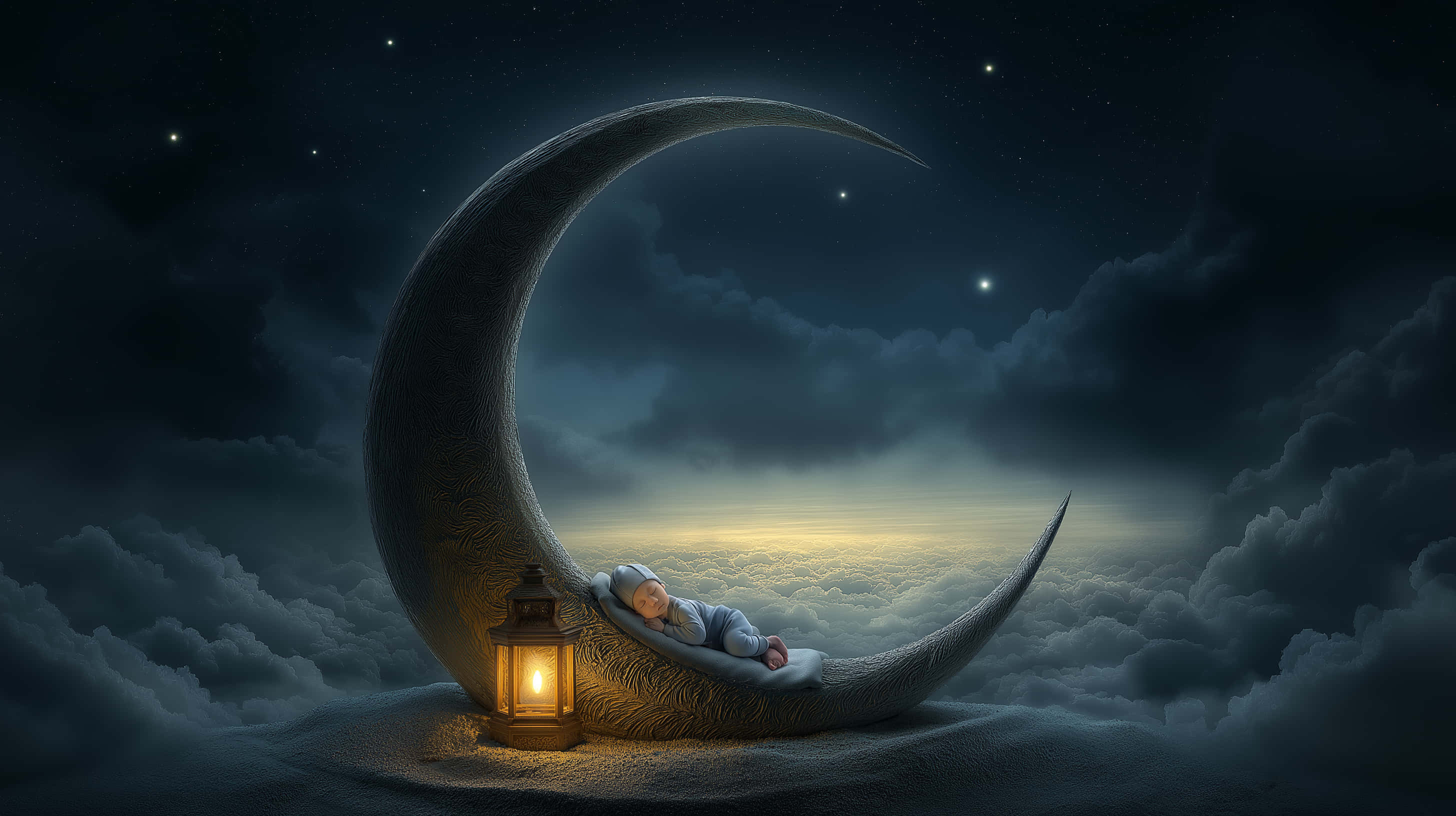 crescent moon, clouds, starry night sky, 2K Desktop Wallpaper
