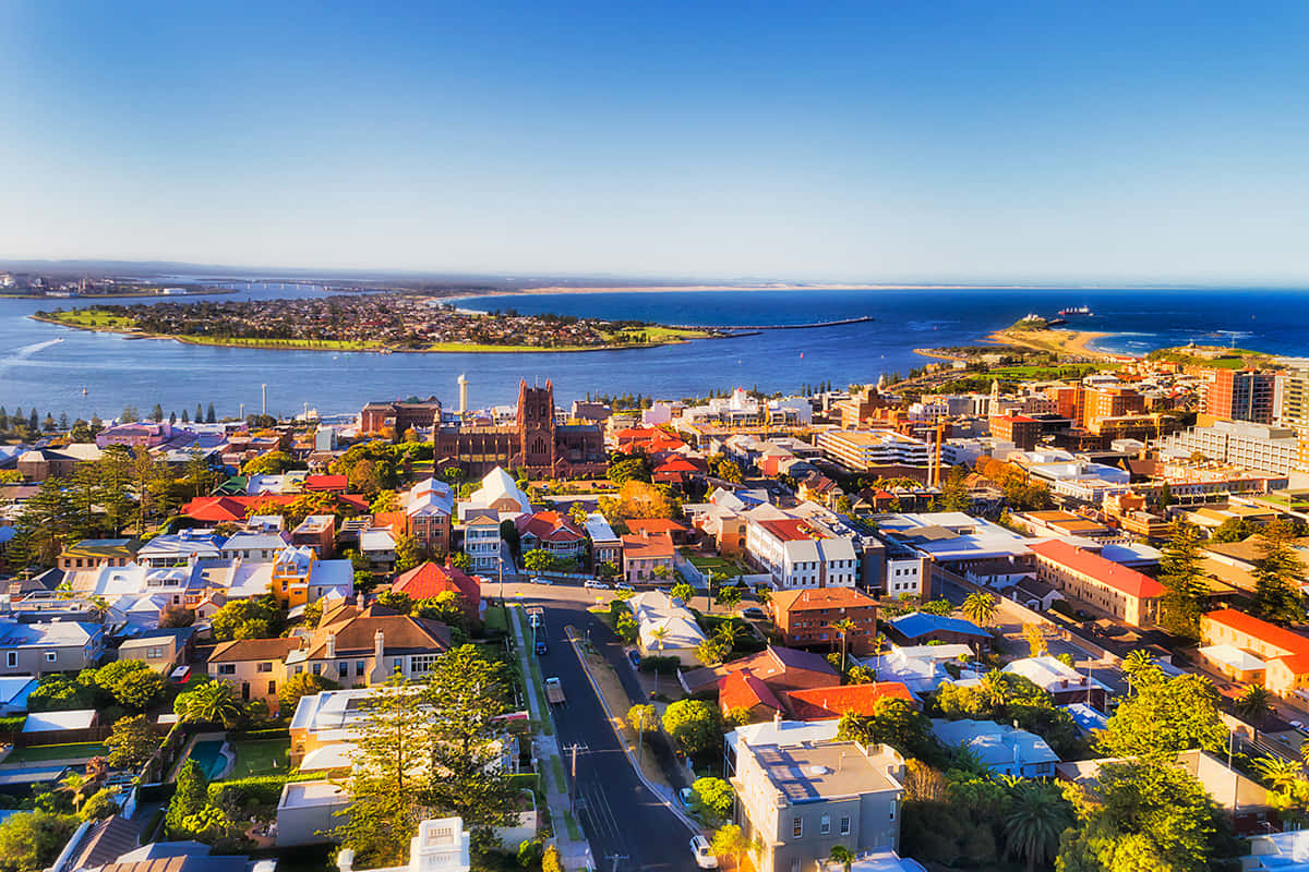 Newcastle Australia, stunning sunset, aerial view, SD Desktop Wallpaper