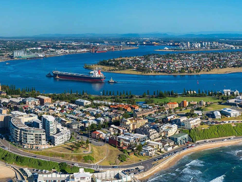 Newcastle Australia, coastal cityscape, large cargo ship, SD Desktop Wallpaper