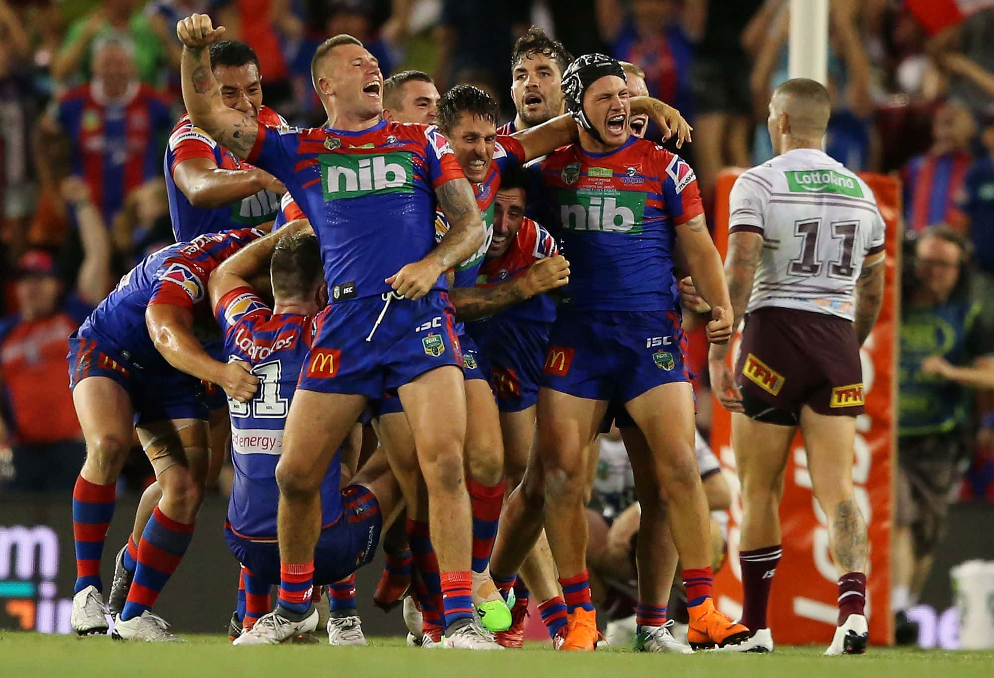 Newcastle Knights, blue and red uniforms, stadium field, Full HD Desktop Wallpaper