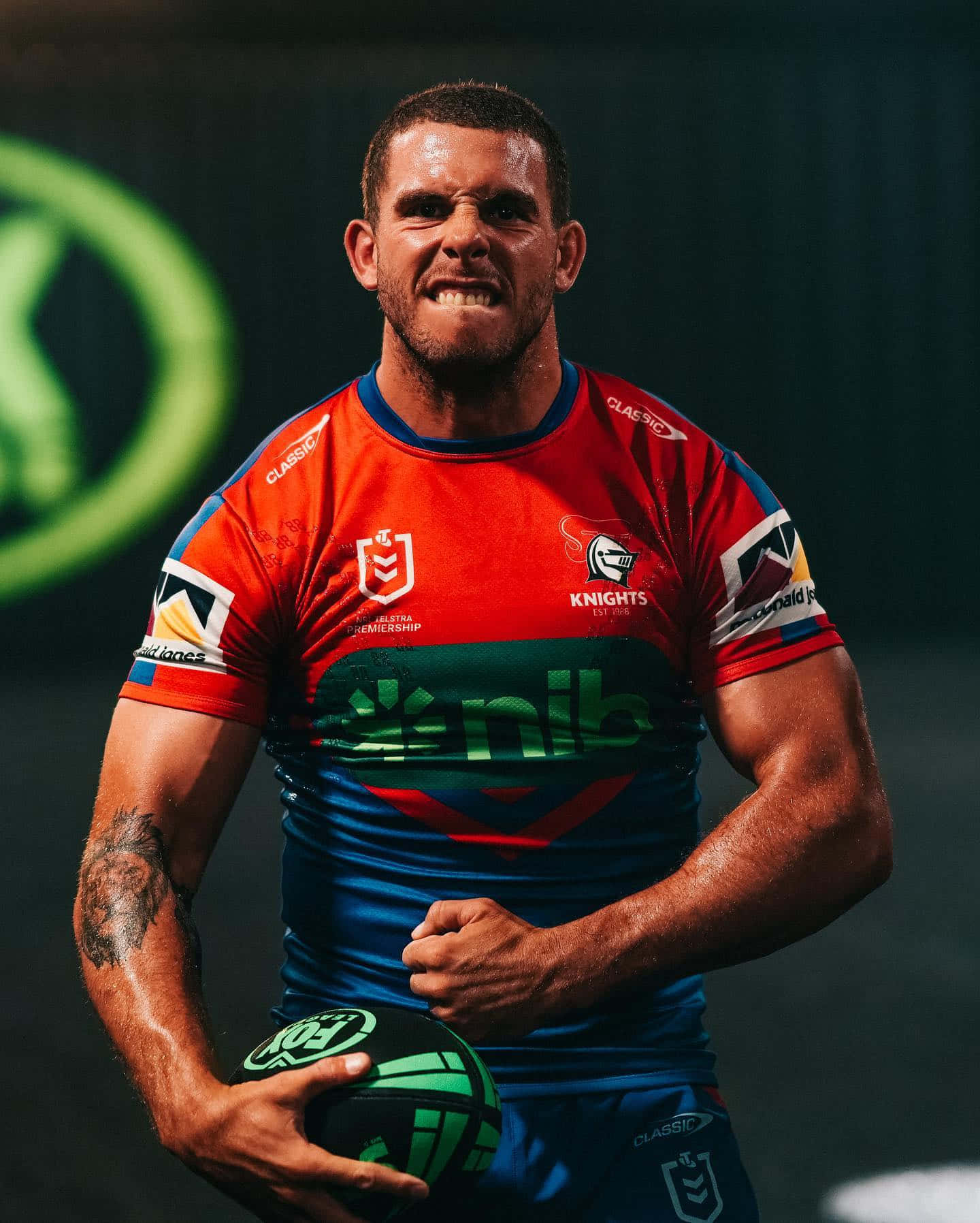 Newcastle Knights, red and blue Knights jersey, stadium lights, HD Phone Wallpaper