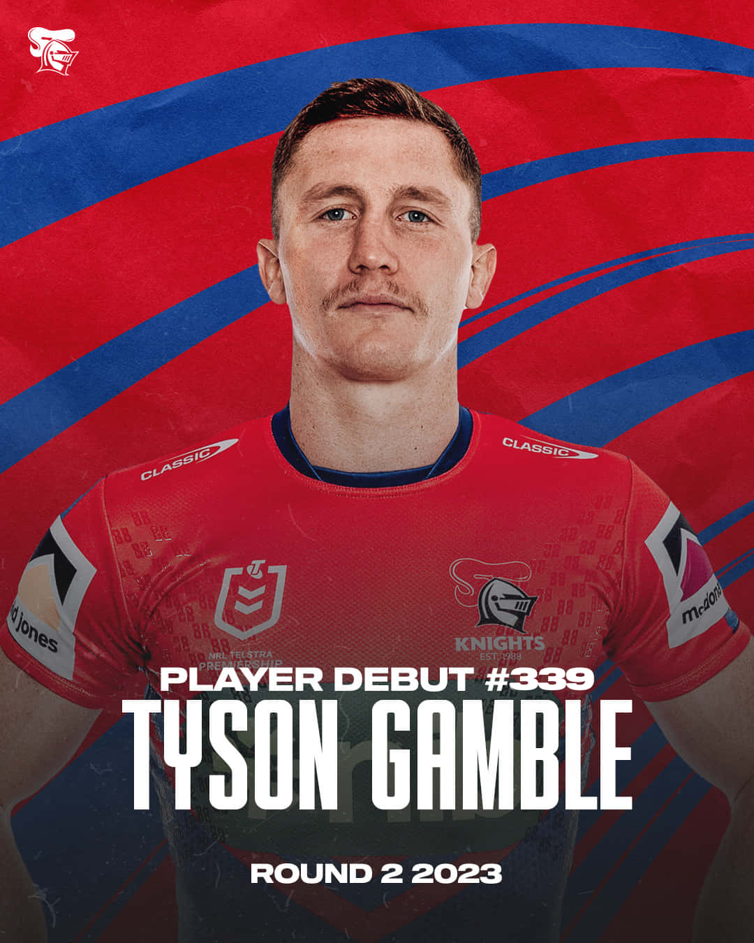 Newcastle Knights, red jersey, red and blue striped background, HD Phone Wallpaper