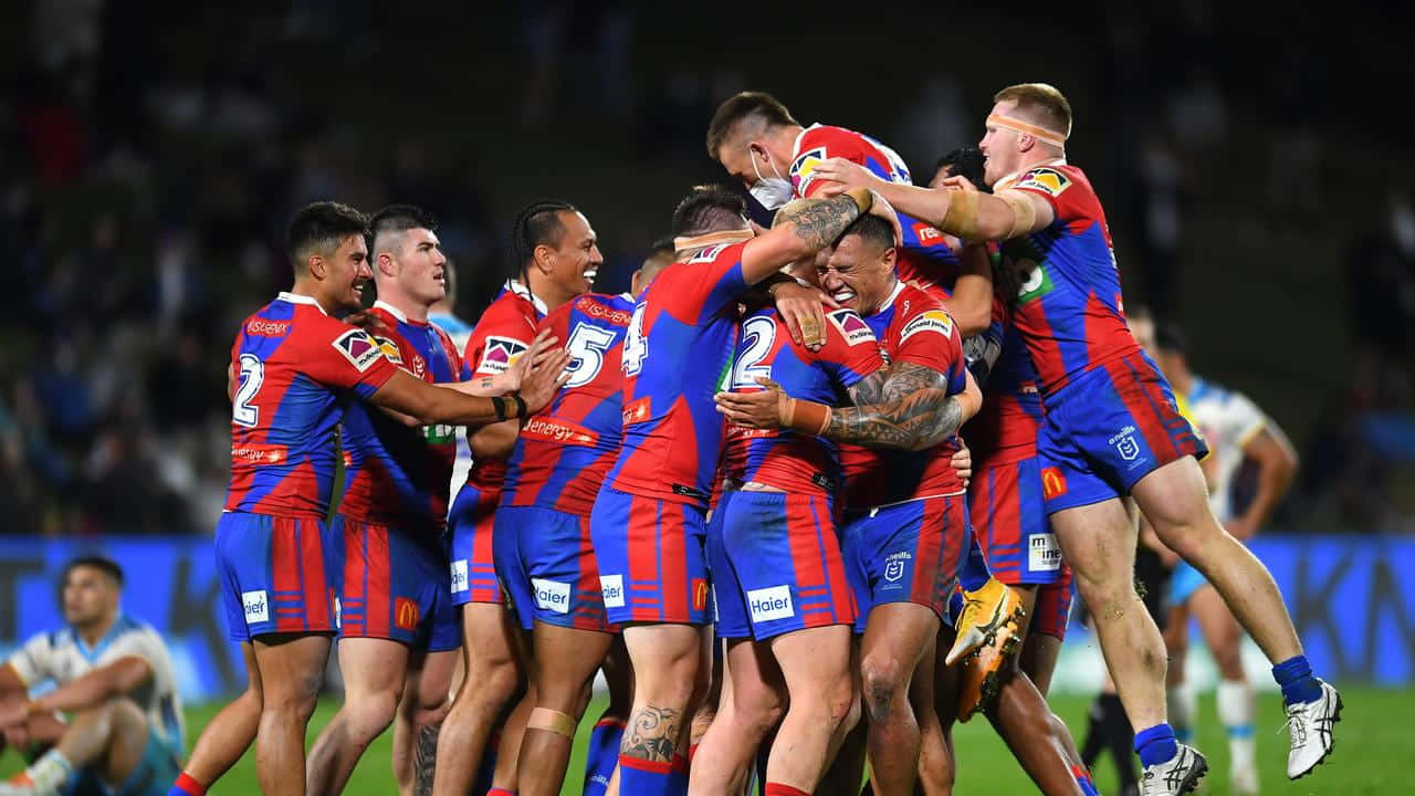 Newcastle Knights, red and blue uniforms, victory, HD Desktop Wallpaper