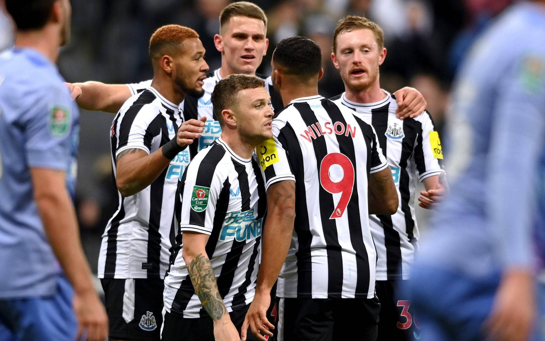 Newcastle United FC, black and white striped jerseys, stadium pitch, HD Desktop Wallpaper