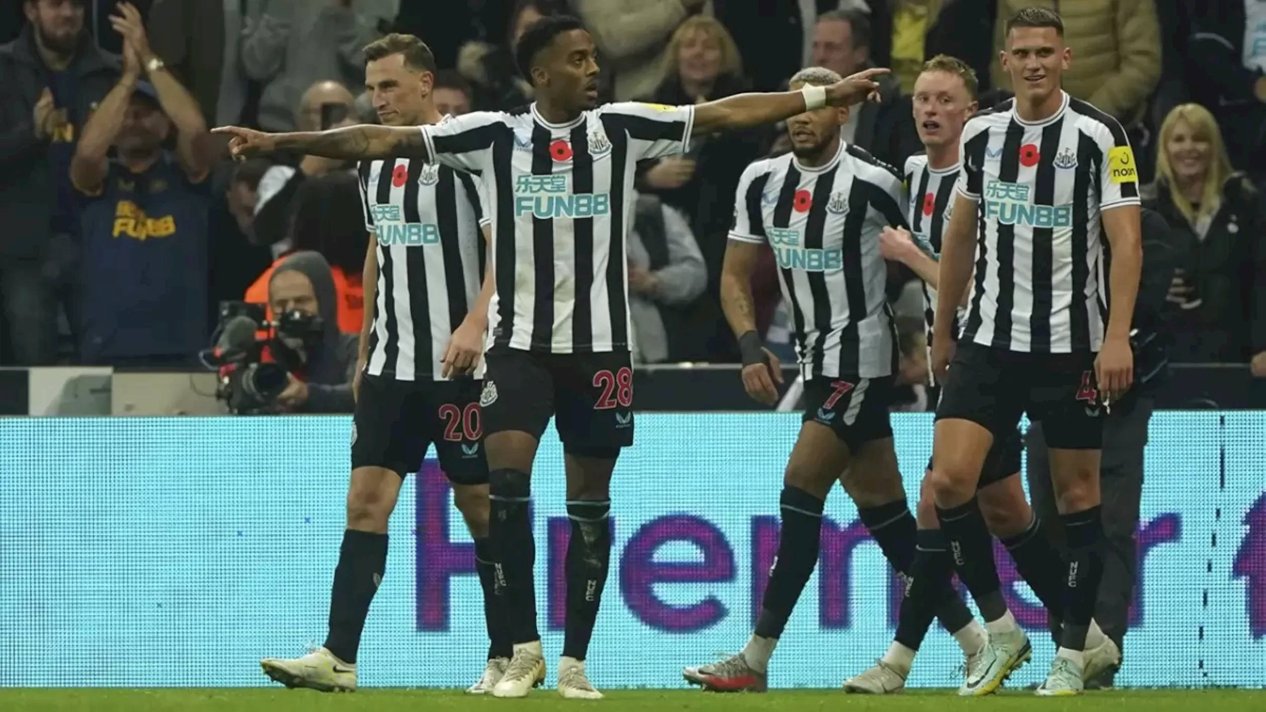 Newcastle United FC, black and white striped jerseys, stadium pitch, Full HD Desktop Wallpaper
