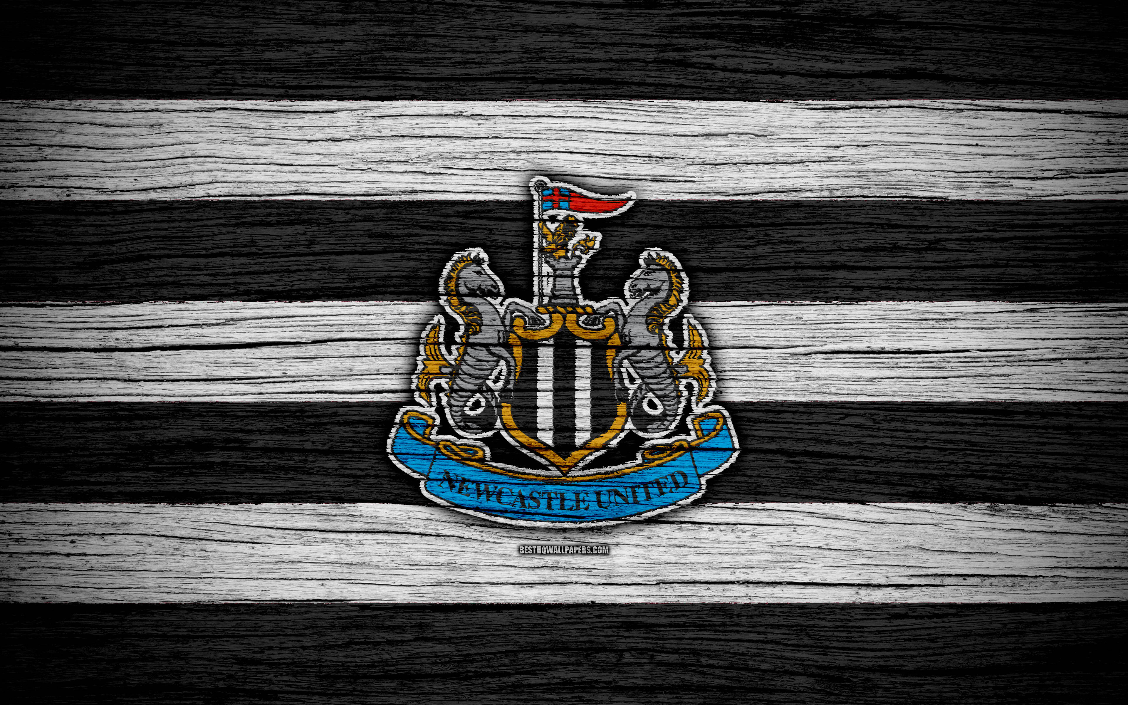 Newcastle United FC, logo, black and white striped, 4K Desktop Wallpaper